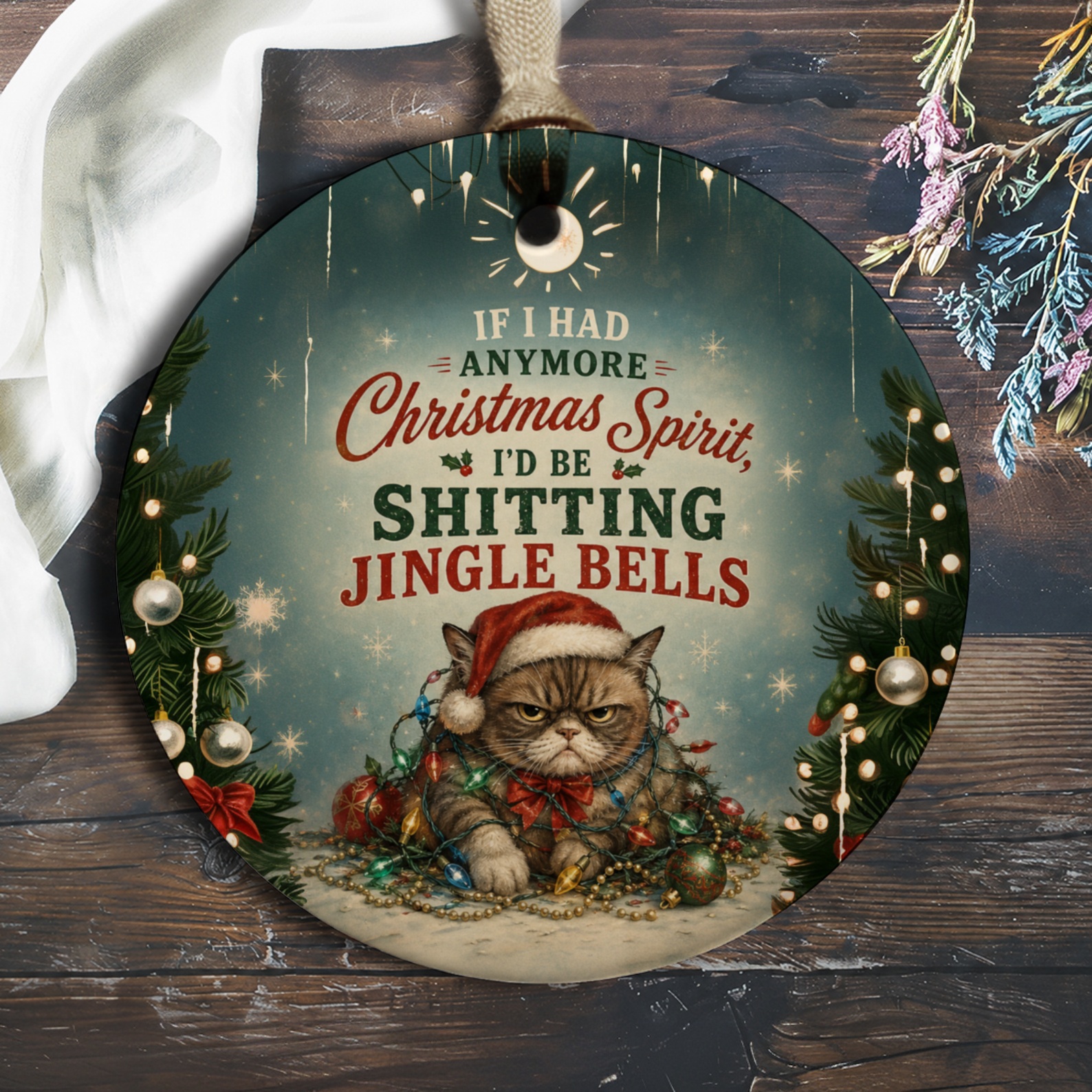 If I Had Anymore Christmas Spirit I'd Be Shitting Jingle Bells Funny Cat Christmas Ornament Holiday Decor Gift O496