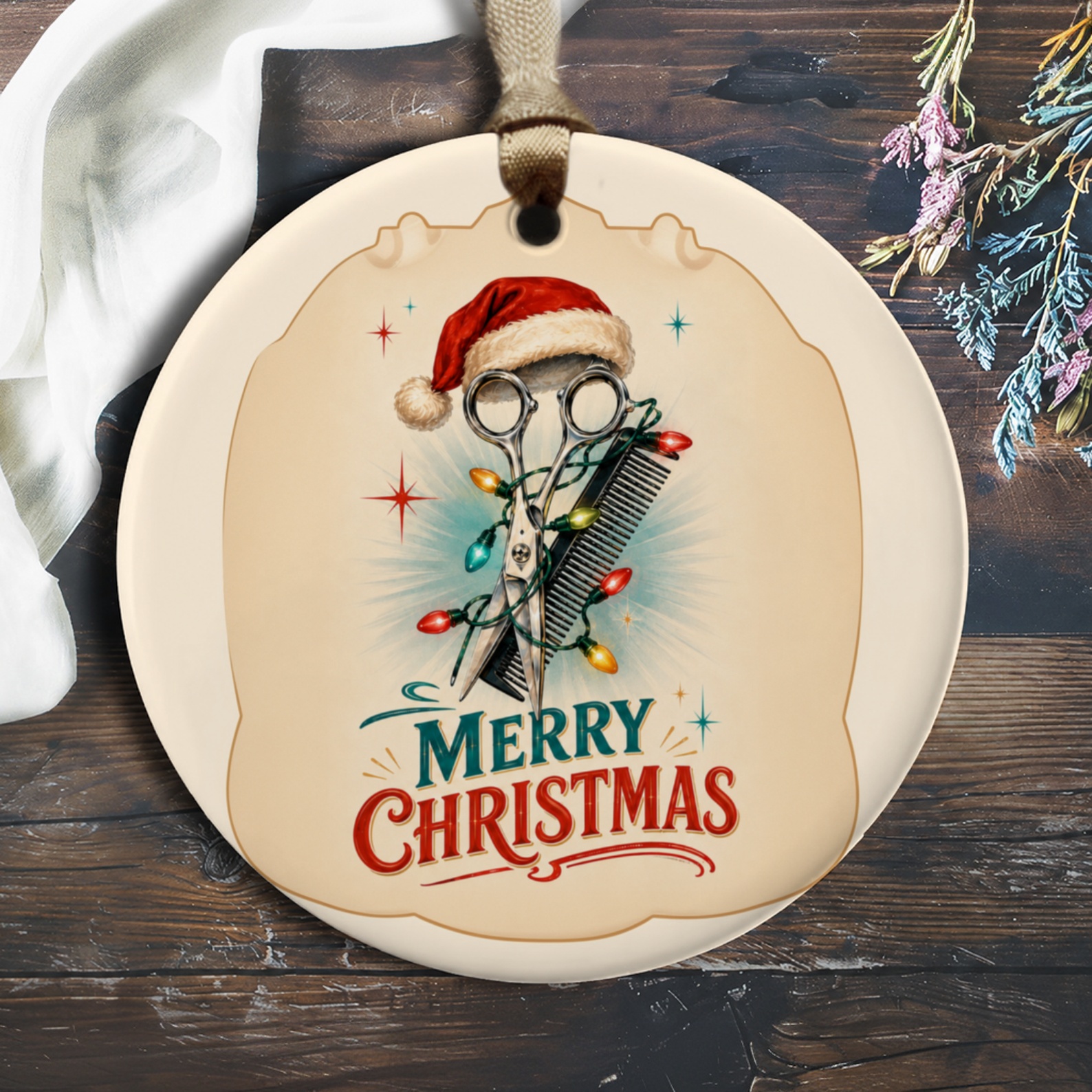 Merry Christmas Ornament Hairdresser Holiday Decor Scissors Santa Hat Lights Christmas Tree Decoration Gift For Stylist O506