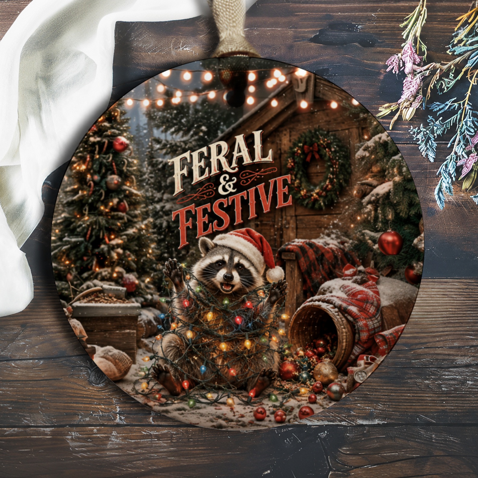 Feral & Festive Christmas Ornament Raccoon With Lights Holiday Decor Cute Animal Winter Decoration Gift O510