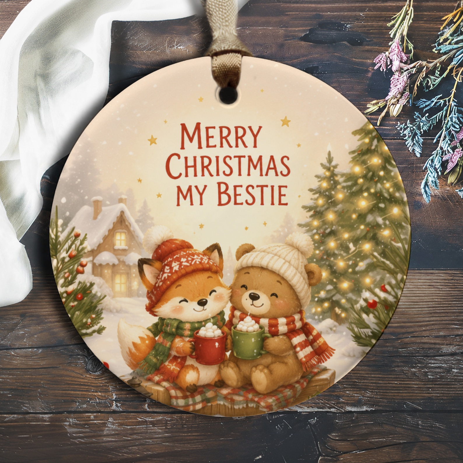 Merry Christmas My Bestie Ornament Cute Fox Bear Winter Scene Holiday Decor Gift For Friend Cozy Christmas Ornament O511