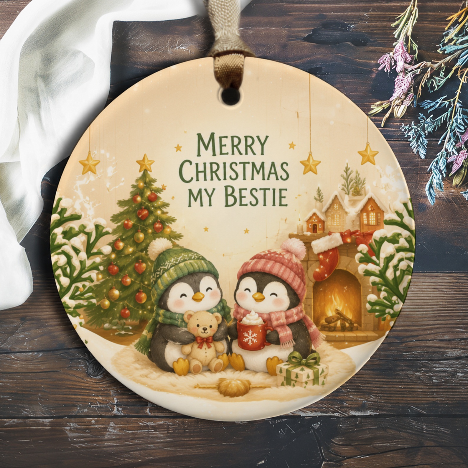 Merry Christmas My Bestie Ornament Cute Penguin Christmas Tree Holiday Decor Gift For Friend Cozy Winter Scene O512