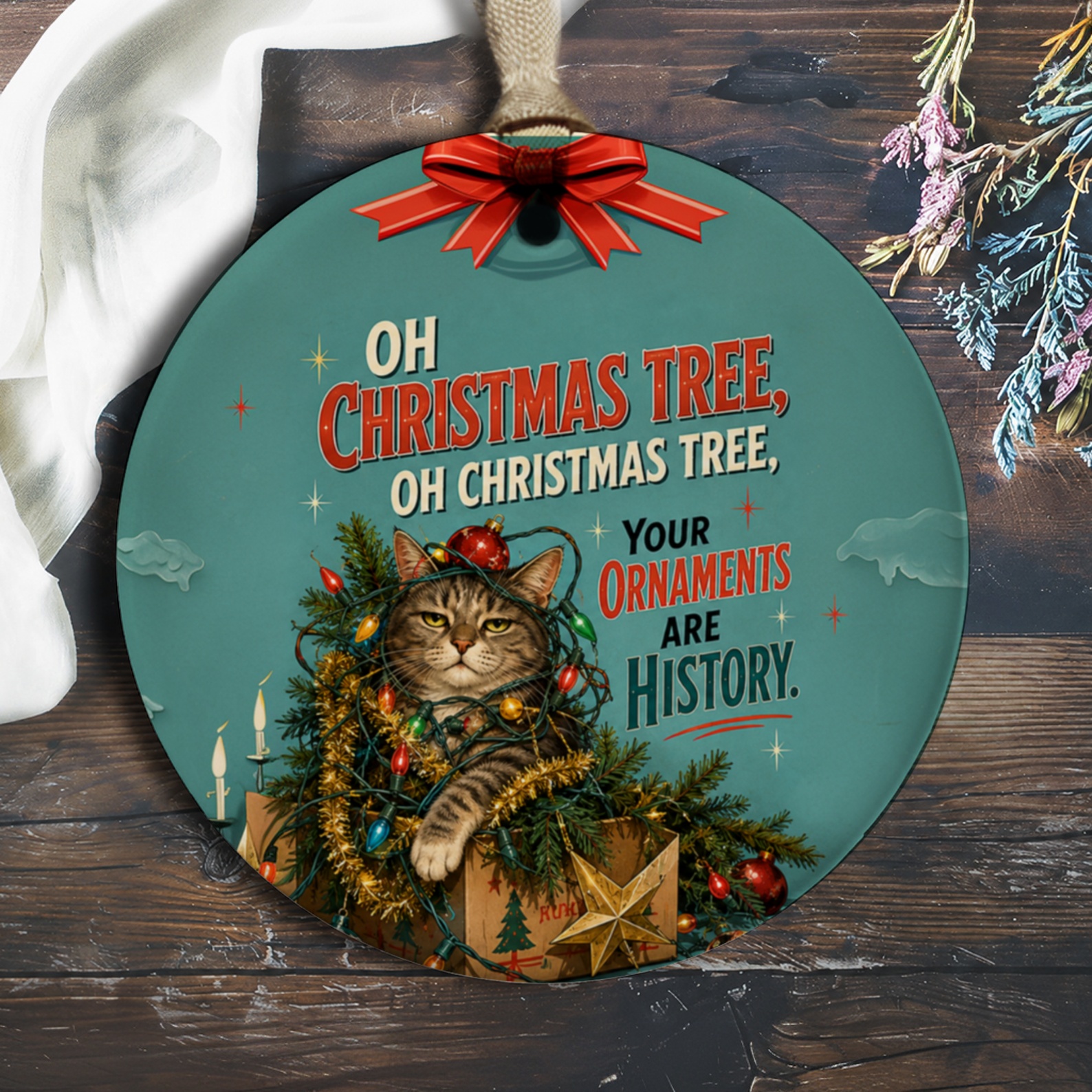 Oh Christmas Tree, Oh Christmas Tree, Your Ornaments Are History. Funny Cat Christmas Ornament Holiday Decor Gift O521