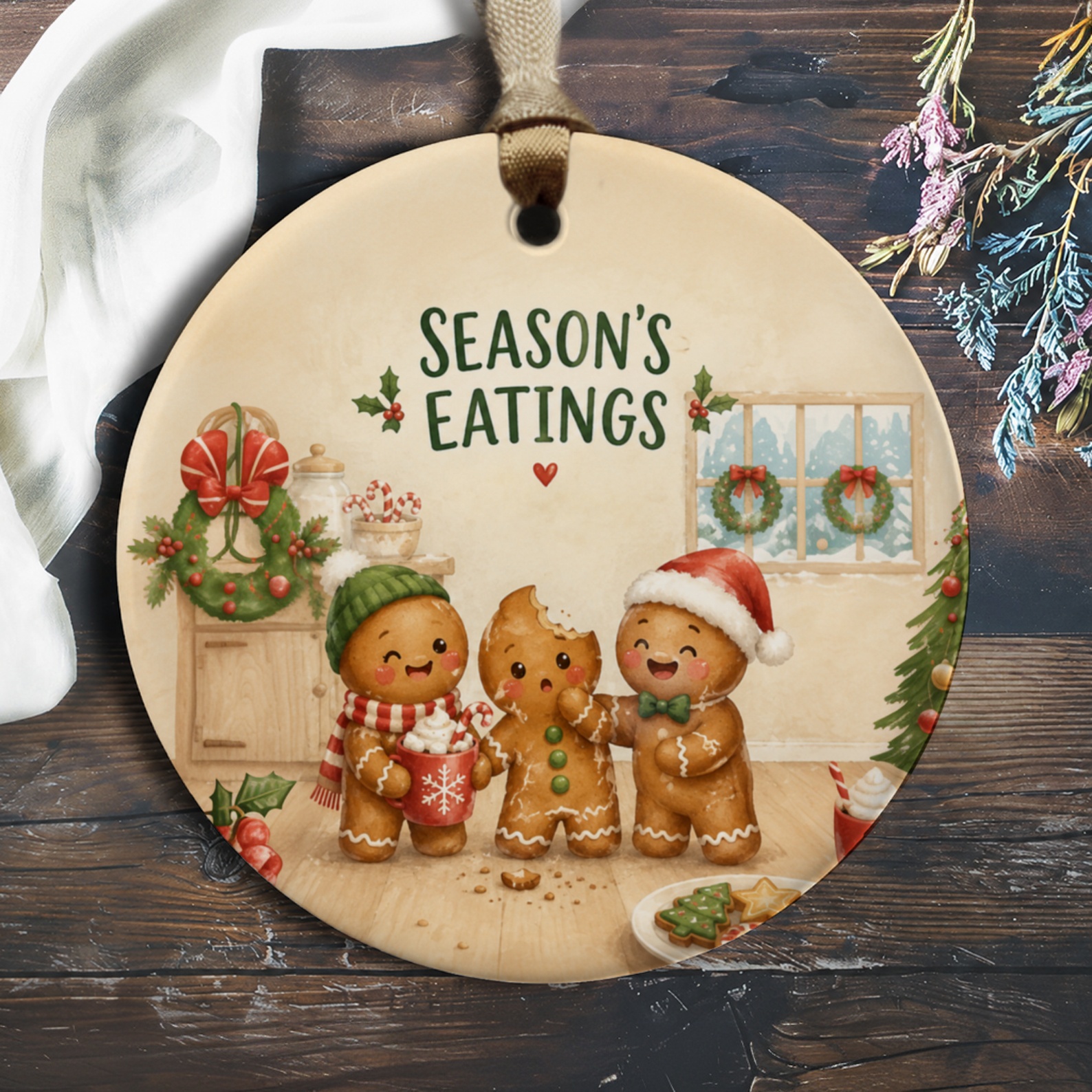 Season's Eatings Christmas Ornament Gingerbread Characters Holiday Decor Cute Festive Decoration For Tree Winter Holiday O525