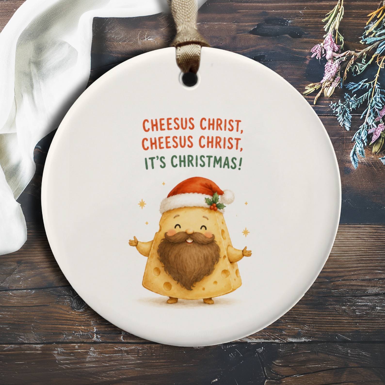 Cheesus Christ, Cheesus Christ, It's Christmas! Funny Christmas Ornament Cheese Lover Holiday Decor Cute Santa Gift O528