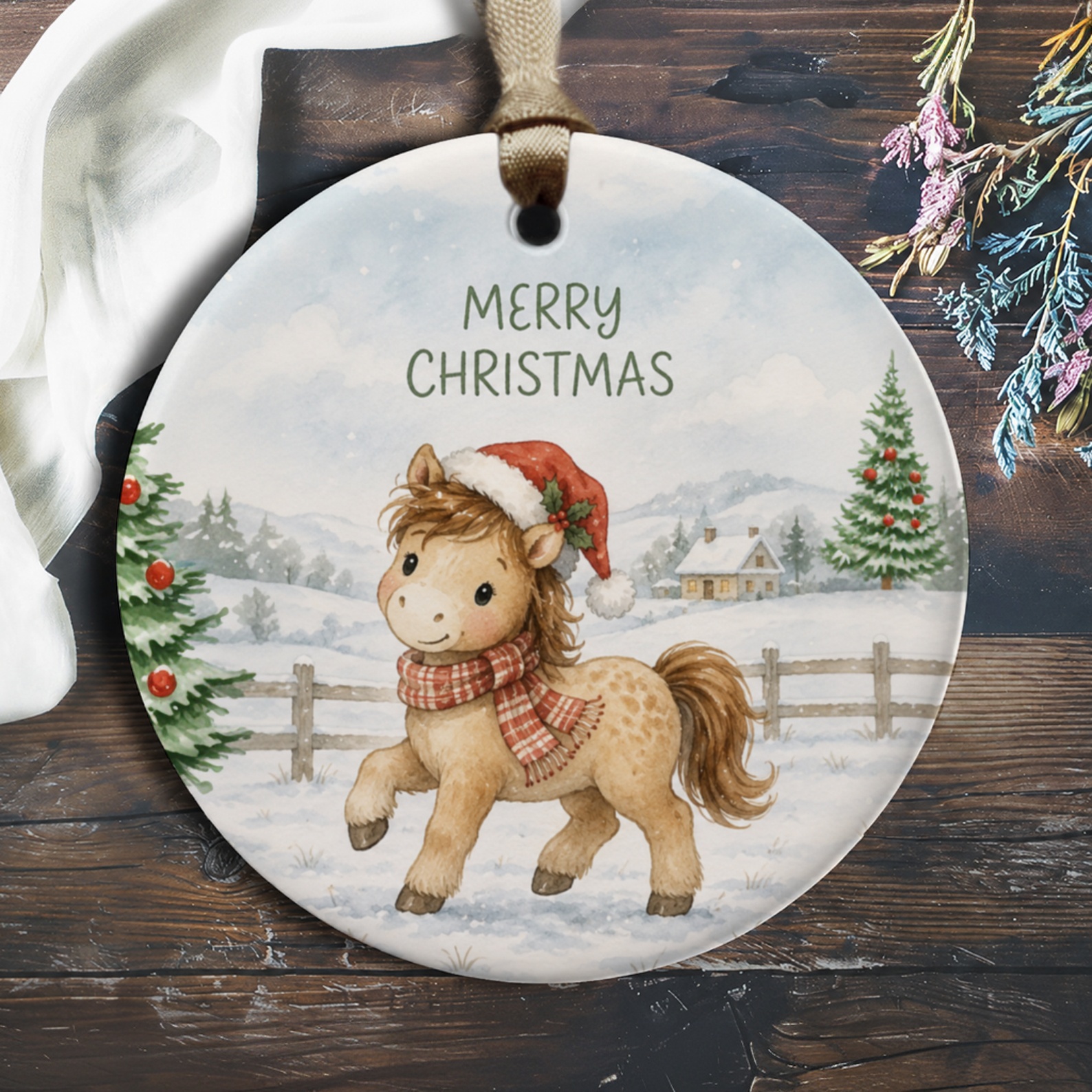 Merry Christmas Cute Pony Ornament Christmas Decoration Holiday Gift Winter Scene Festive Decor For Kids Animal Lover O531