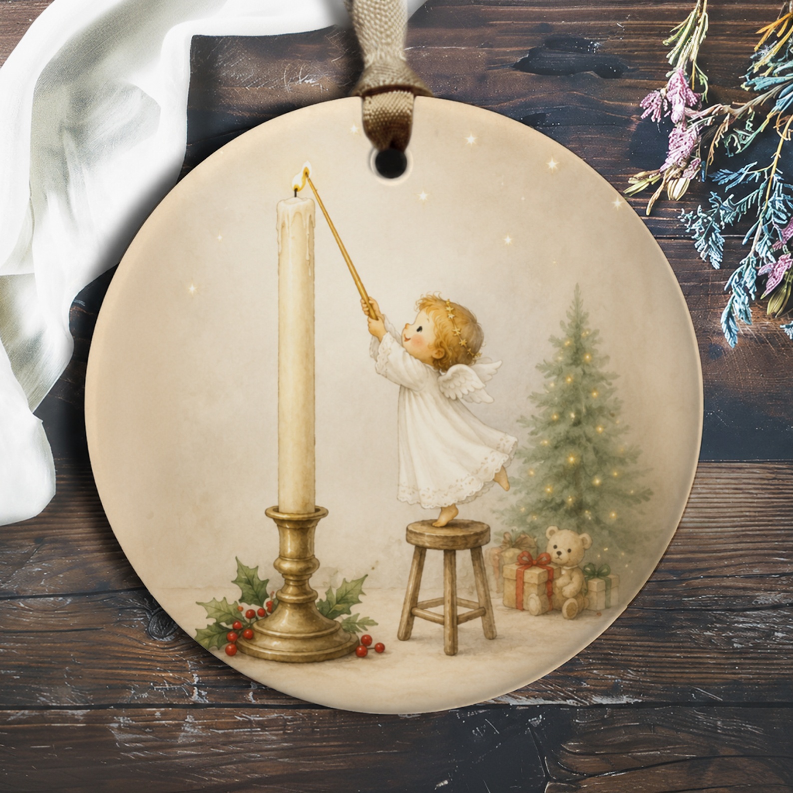 Angel Lighting Candle Christmas Ornament Cute Holiday Decor Tree Decoration Festive Angelic Scene With Gifts And Holly O535