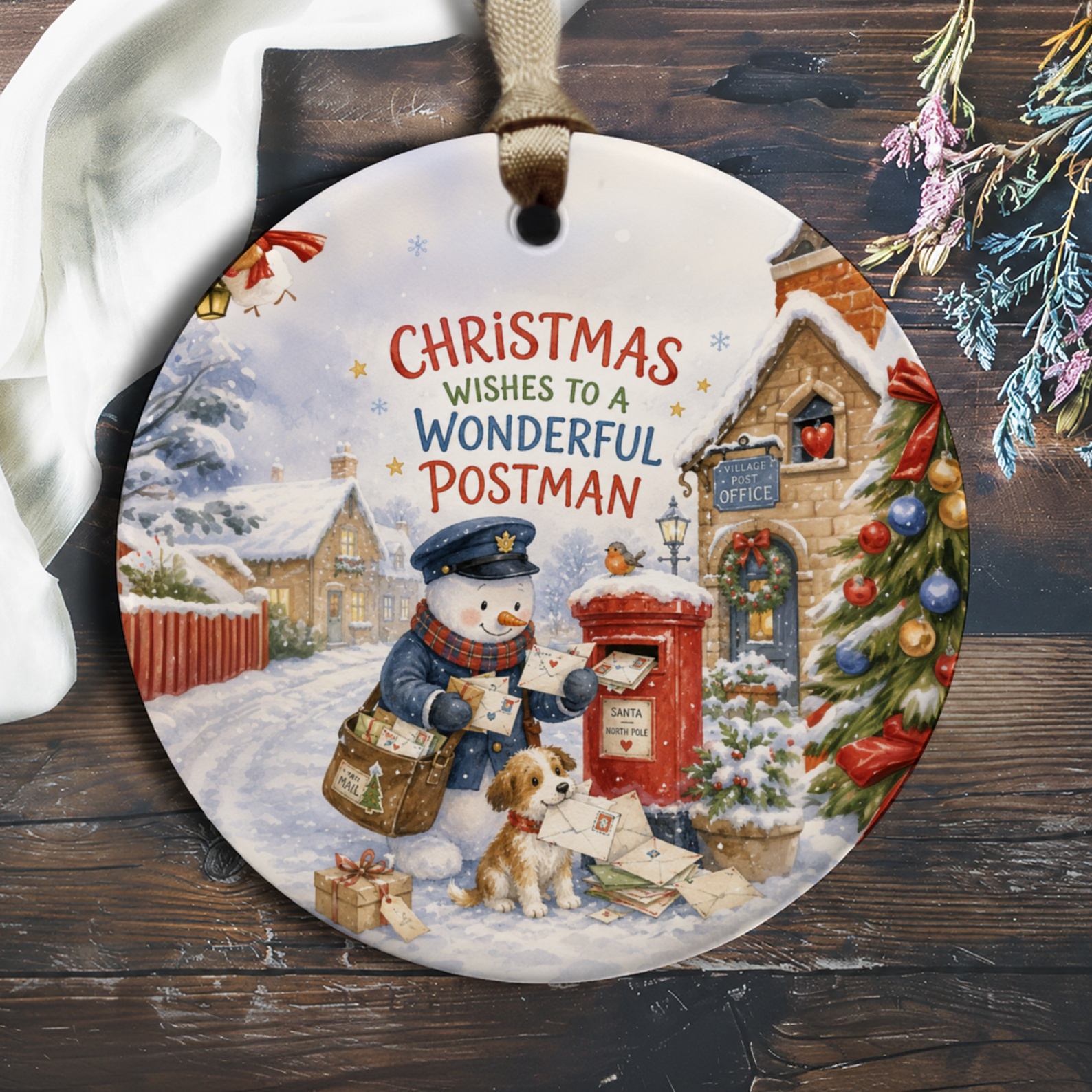 Christmas Wishes To A Wonderful Postman Ornament Snowman Postman Scene Holiday Decor Gift For Mail Carrier Festive Christmas Ornam O537
