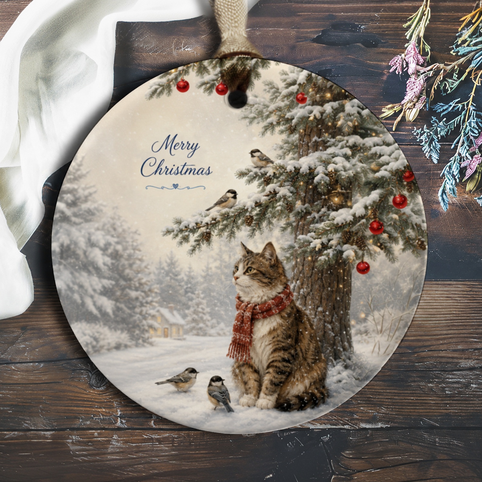 Merry Christmas Ornament Cat With Birds In Snowy Scene Holiday Decor Winter Animal Lovers Gift O538