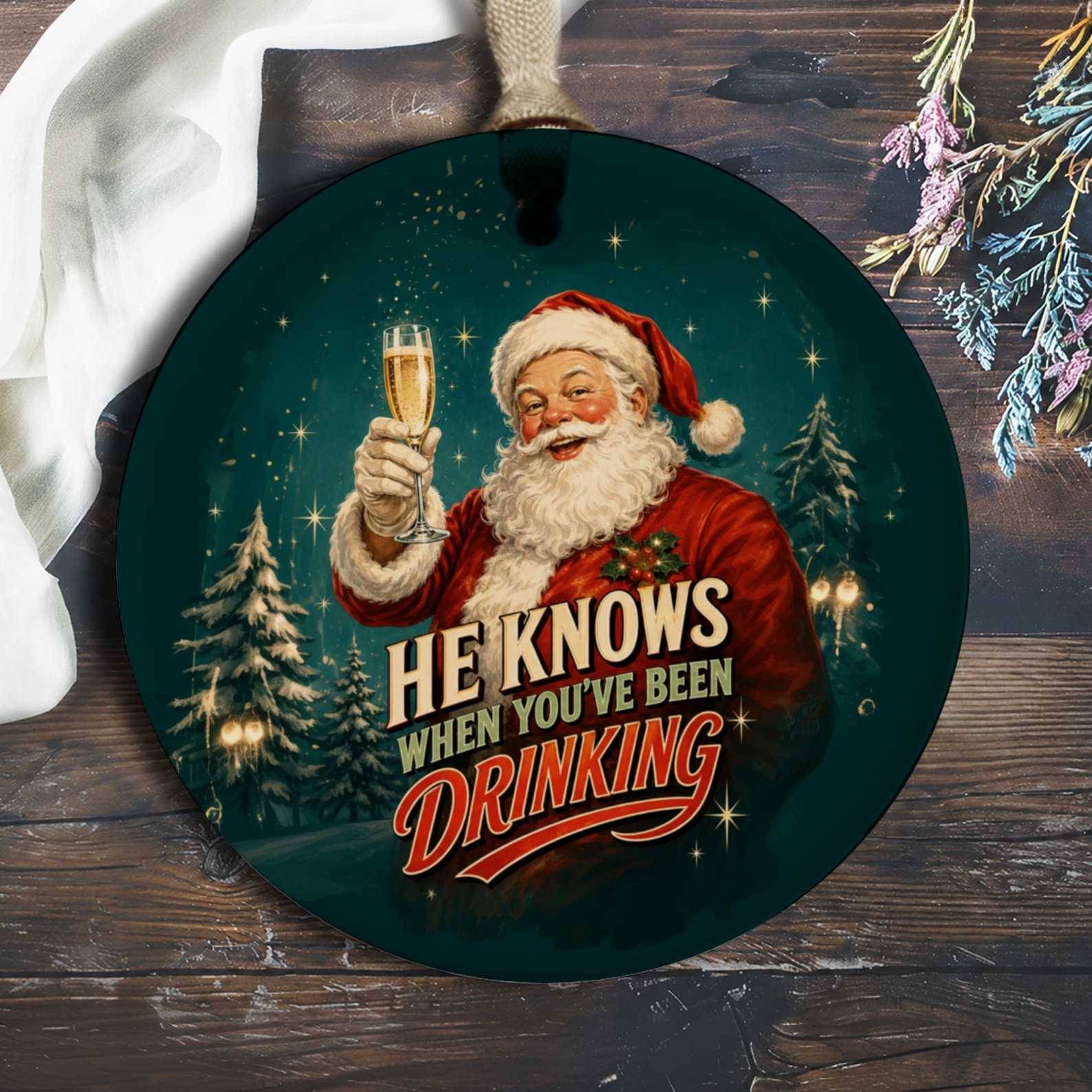He Knows When You've Been Drinking Funny Christmas Ornament Santa With Champagne Holiday Decor Gift For Him Her O540