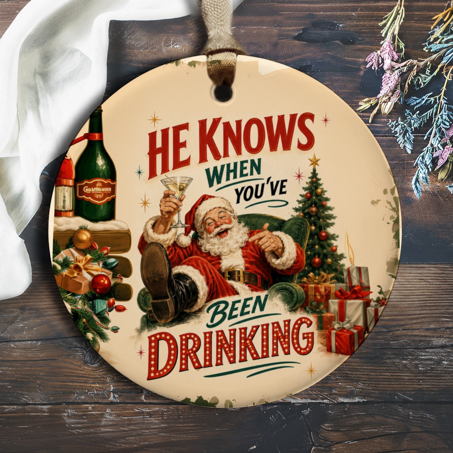 He Knows When You've Been Drinking Funny Christmas Ornament Santa Holiday Decor Festive Tree Decoration Gift Idea O541