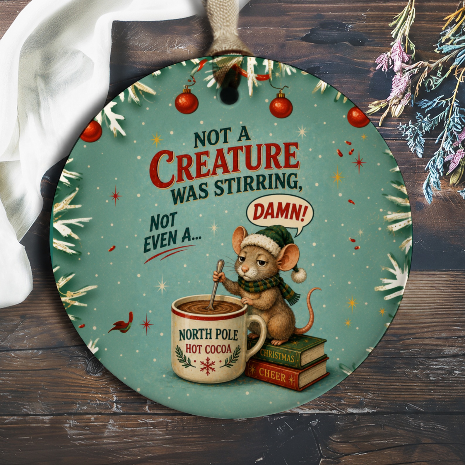 Not A Creature Was Stirring, Not Even A... Damn! Funny Christmas Ornament Mouse Hot Cocoa Holiday Decor Gift O543