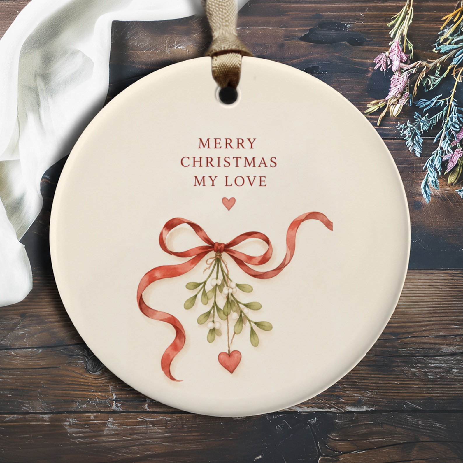 Merry Christmas My Love Ornament Romantic Holiday Decor Mistletoe Red Ribbon Heart Christmas Ornament For Couple O545
