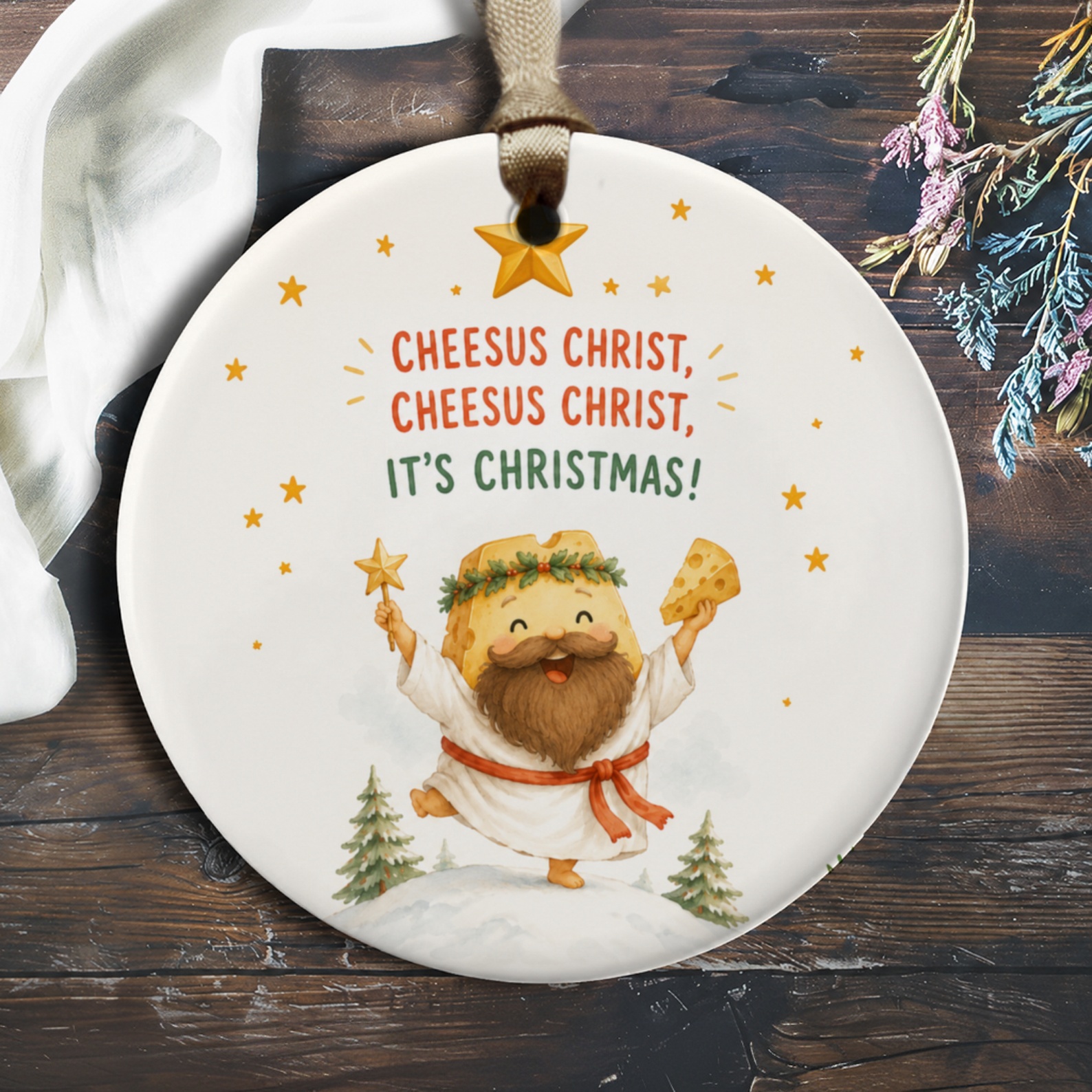 Cheesus Christ, Cheesus Christ, It's Christmas! Funny Cheese-Themed Christmas Ornament Holiday Decor Cute Festive Gift O529