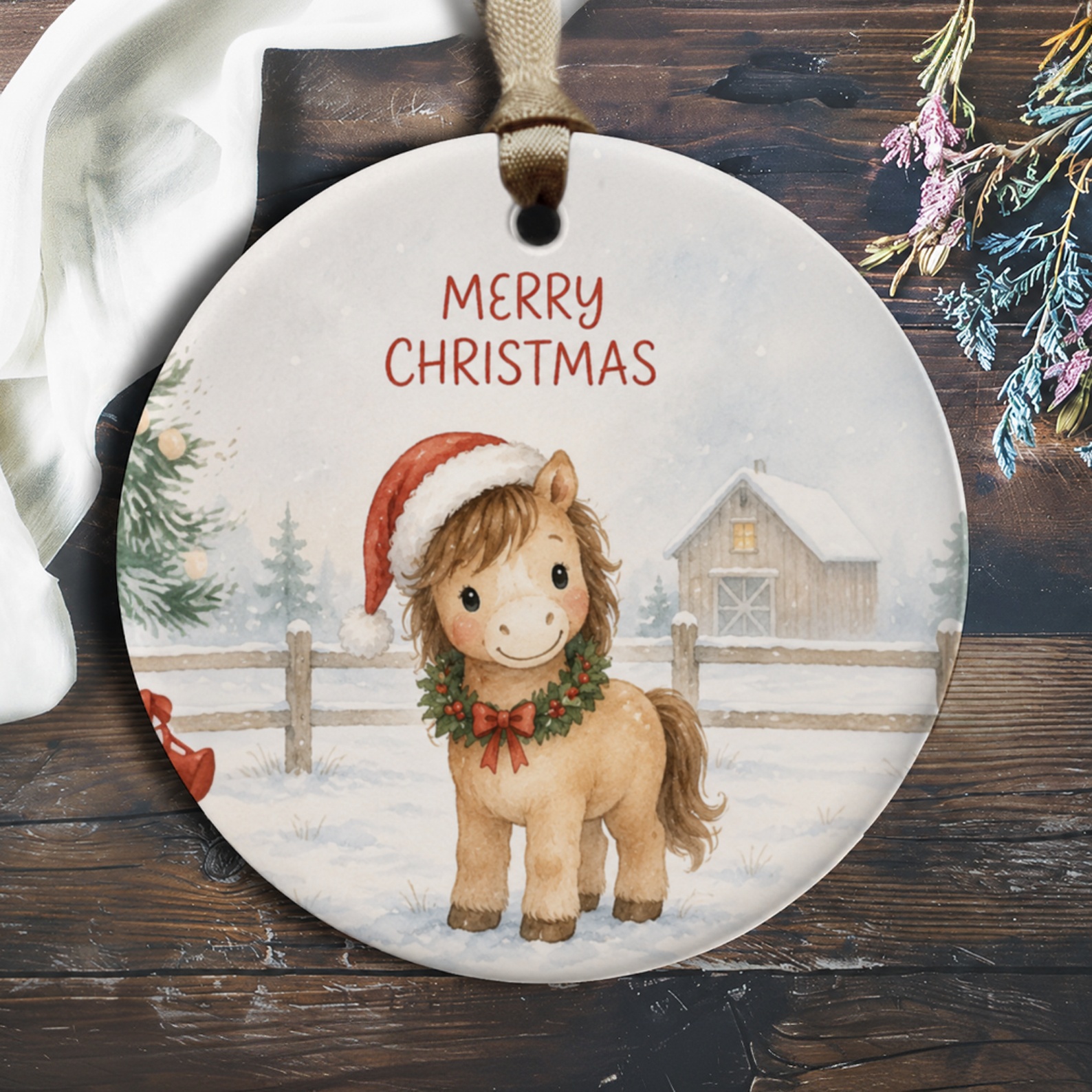 Merry Christmas Cute Pony Ornament Holiday Decor Adorable Horse With Santa Hat Winter Scene Christmas Tree Decoration O530