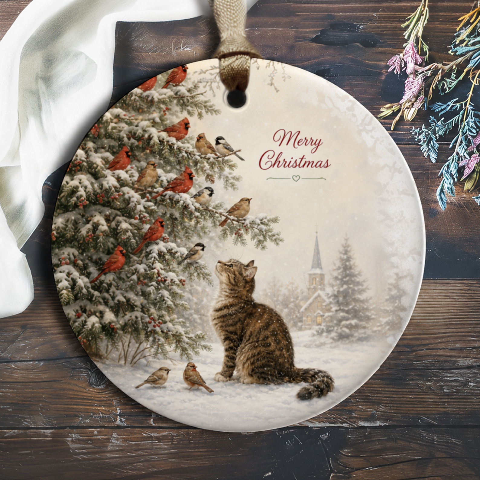 Merry Christmas Ornament Cat And Birds In Snowy Scene Holiday Decor Winter Wildlife Art Christmas Tree Decoration O539