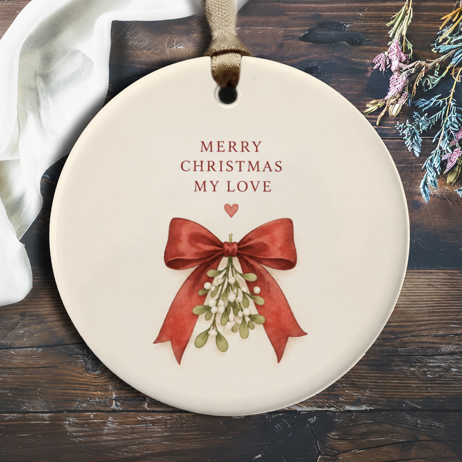 Merry Christmas My Love Ornament Romantic Holiday Decor Mistletoe Red Bow Christmas Ornament For Couple Festive Gift O544
