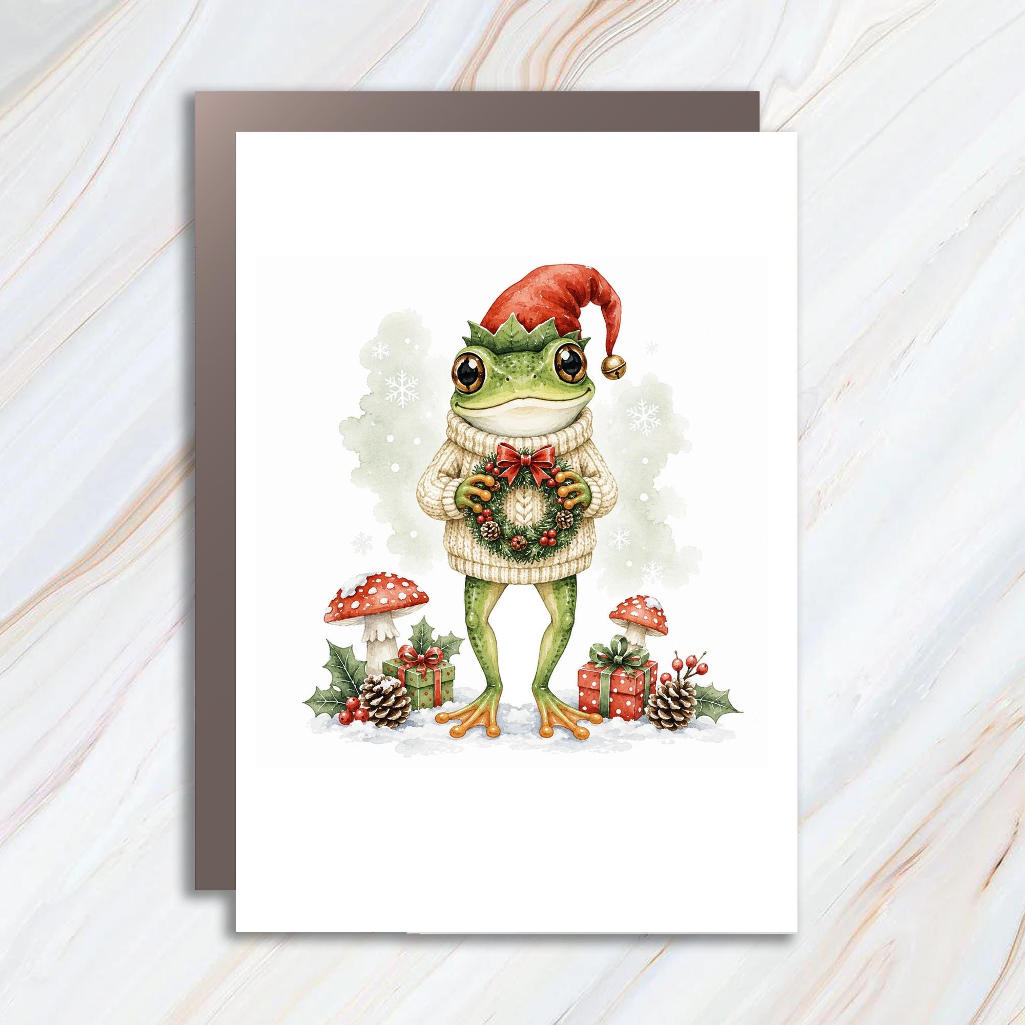 Frog Christmas Greeting Card Cute Holiday Card Festive Frog In Sweater With Wreath Winter Card For Animal Lover C990