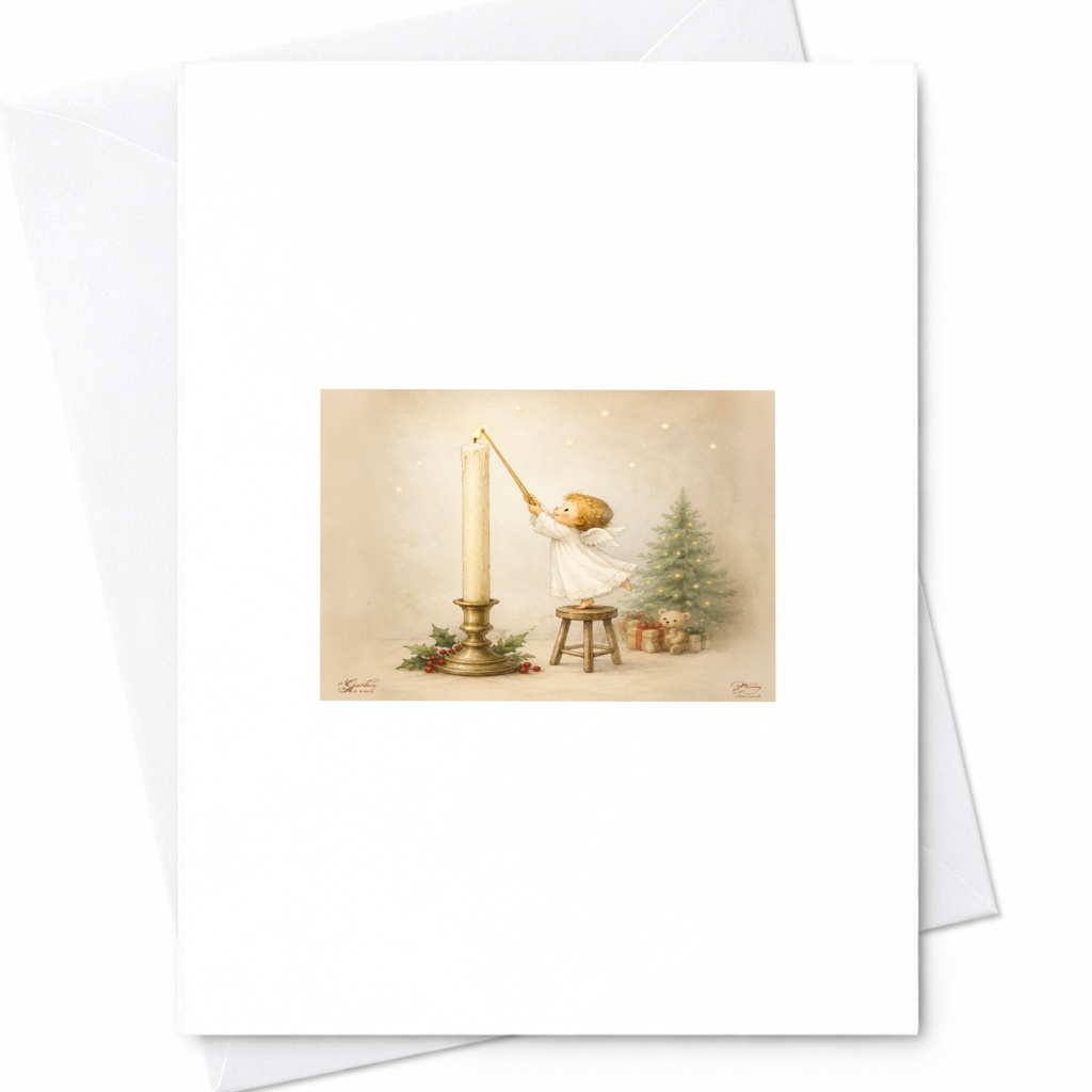 Angel Lighting Candle Christmas Card Holiday Greeting Card Cute Angelic Scene For Family Friends Festive Art CP1