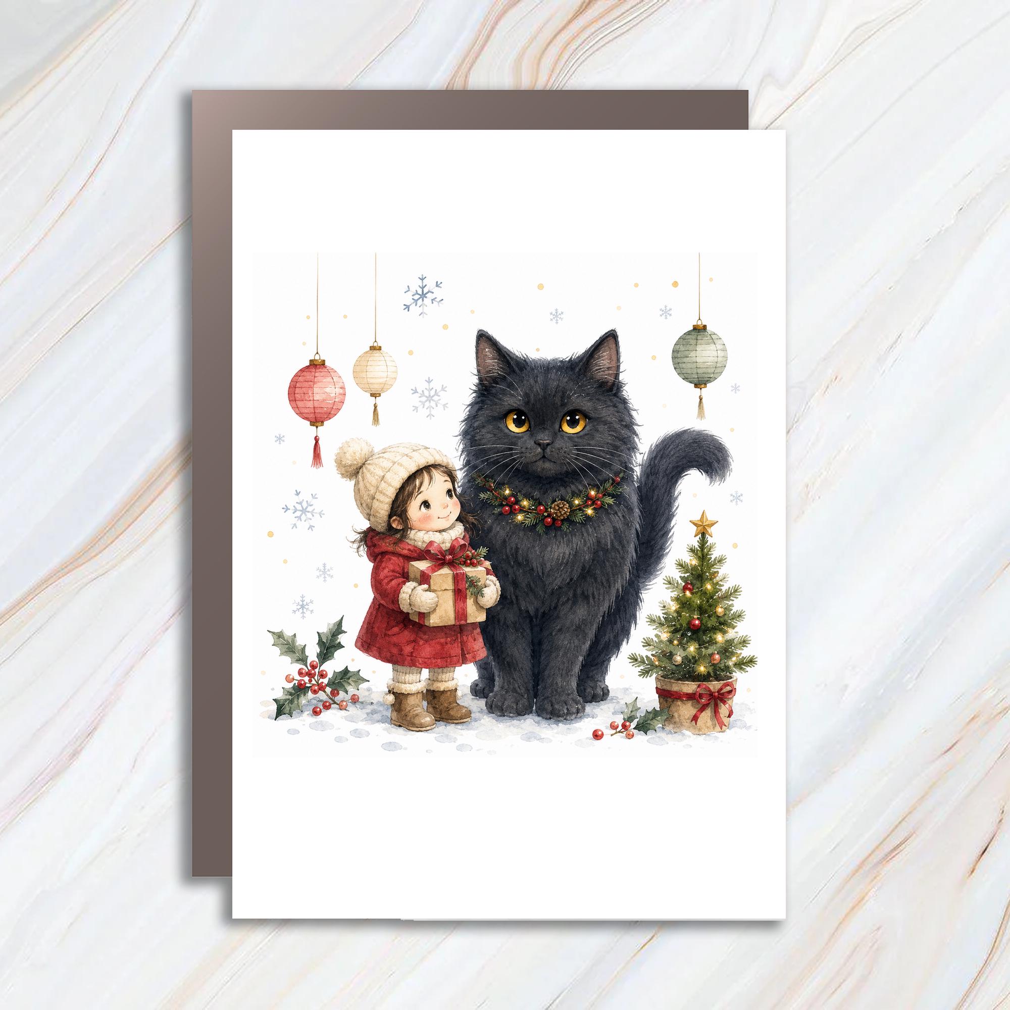 Christmas Card Cute Girl With Gift And Cat Holiday Greeting Card For Cat Lover Festive Winter Scene Adorable Christmas Card C991