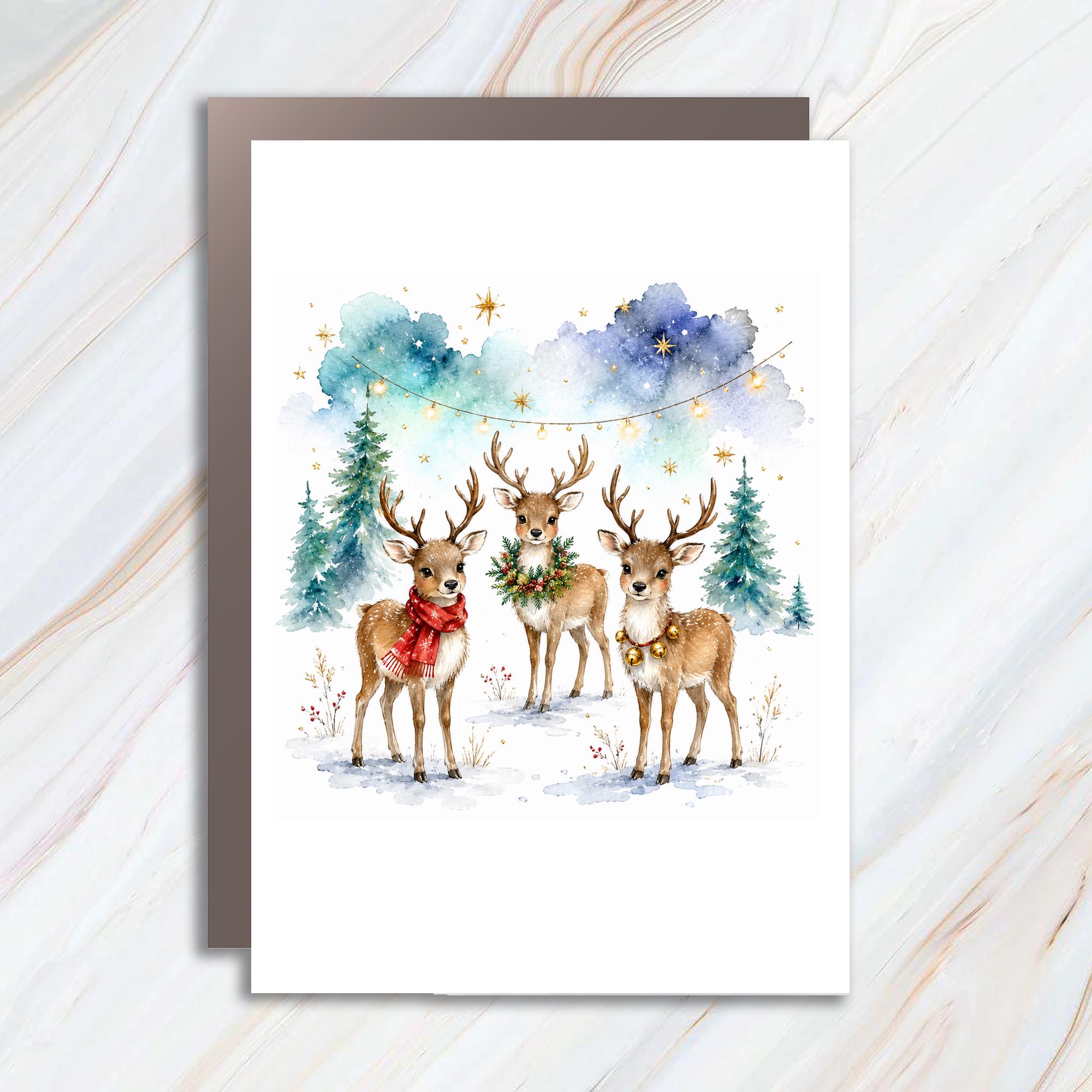 Reindeer Christmas Card Cute Winter Scene Holiday Greeting Card For Animal Lover Festive Watercolor Art Christmas Card C992