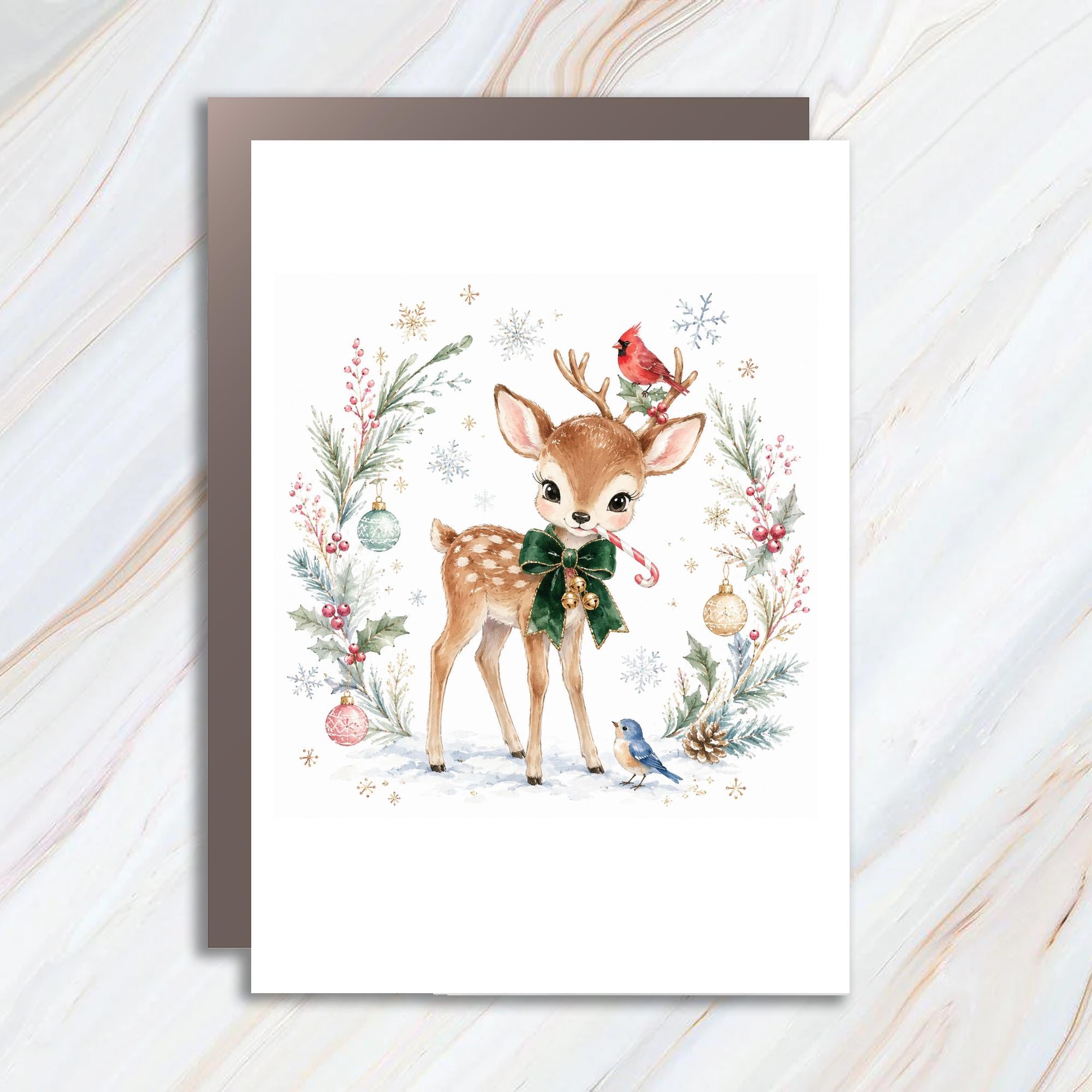 Cute Deer Christmas Card Watercolor Holiday Greeting Card For Animal Lover Festive Winter Scene With Ornaments And Birds C993