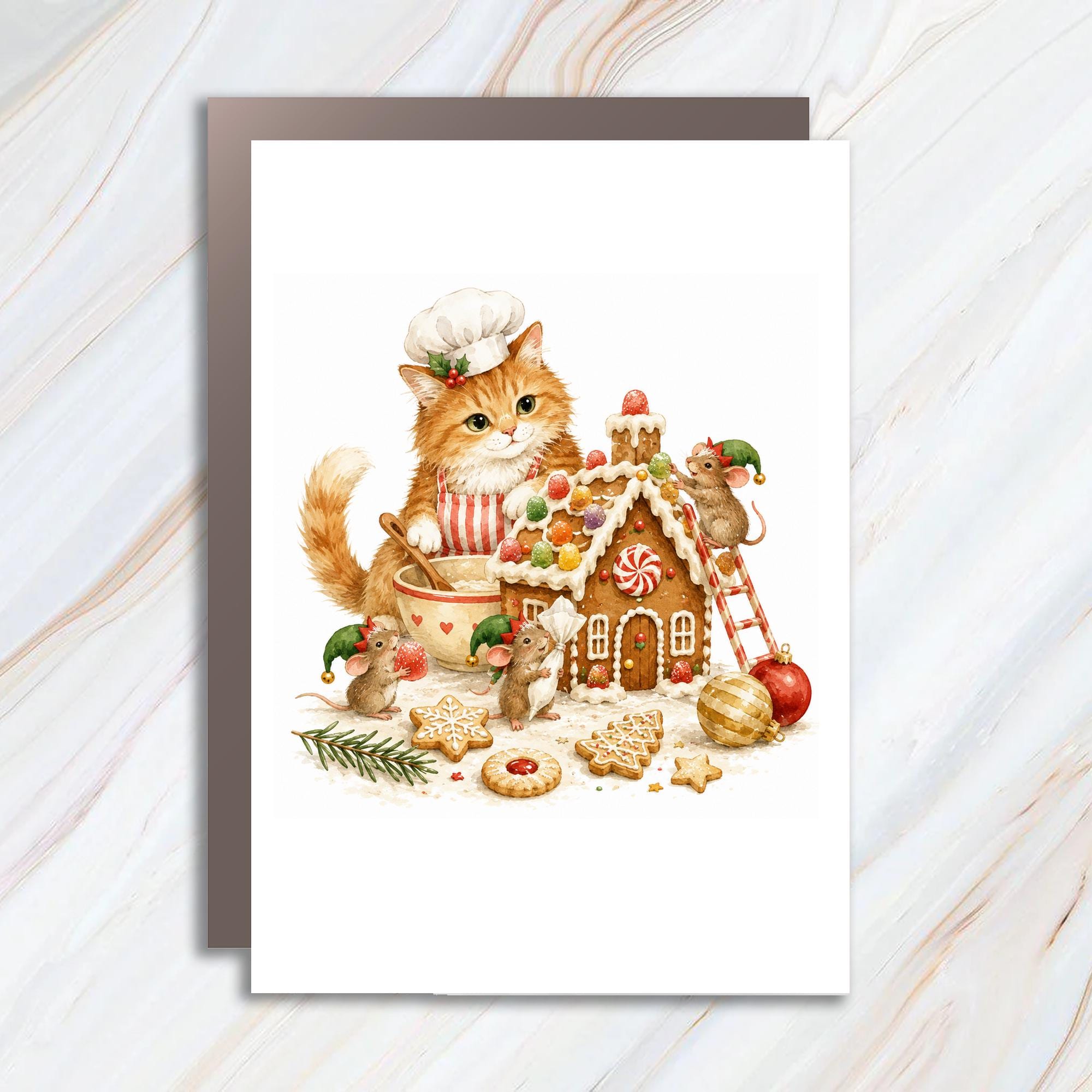Cat And Mice Gingerbread House Christmas Card Cute Holiday Greeting Card For Cat Lover Festive Animal Card C996