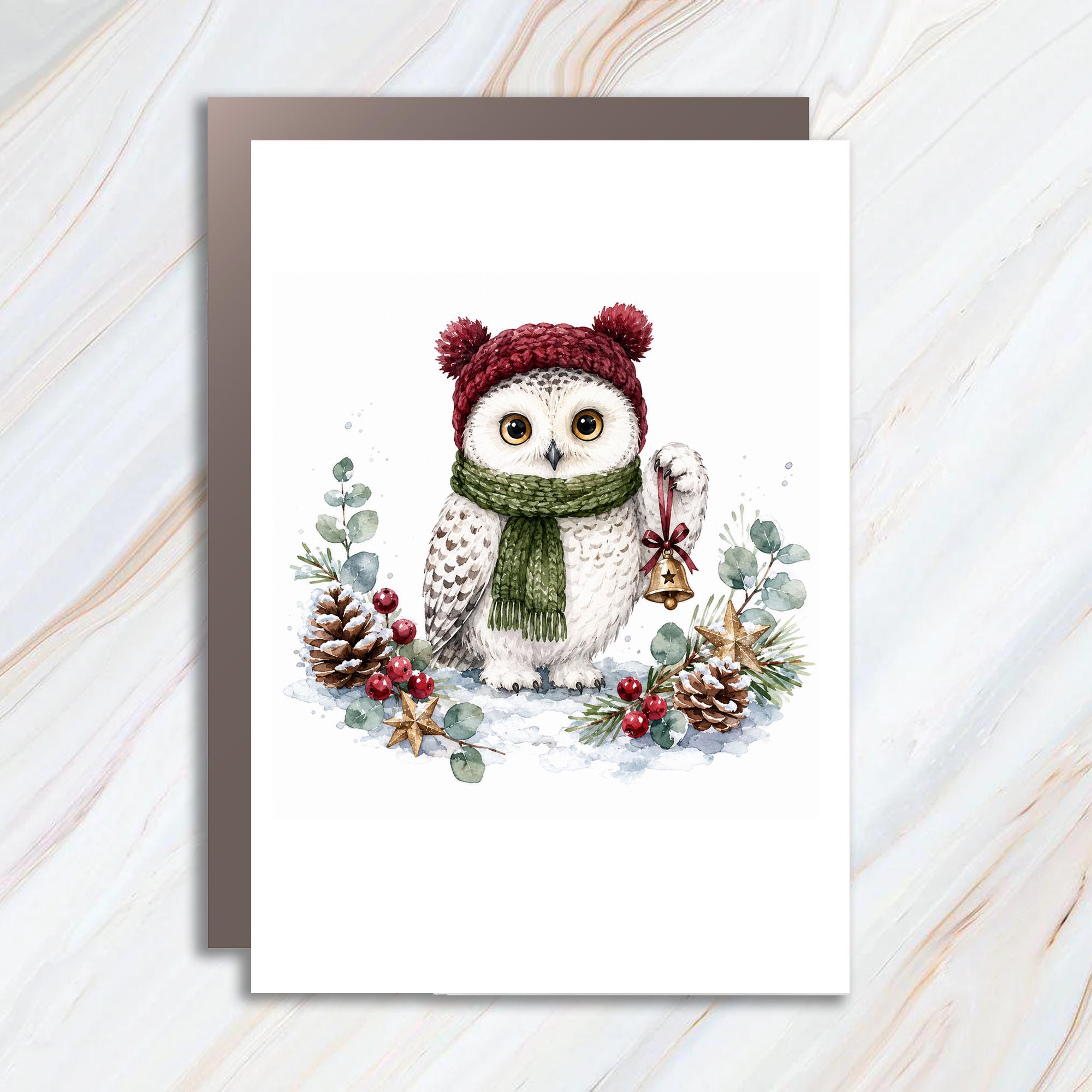 Owl Christmas Card Cute Winter Greeting Card Holiday Card For Animal Lover Watercolor Owl With Hat And Scarf Festive C997
