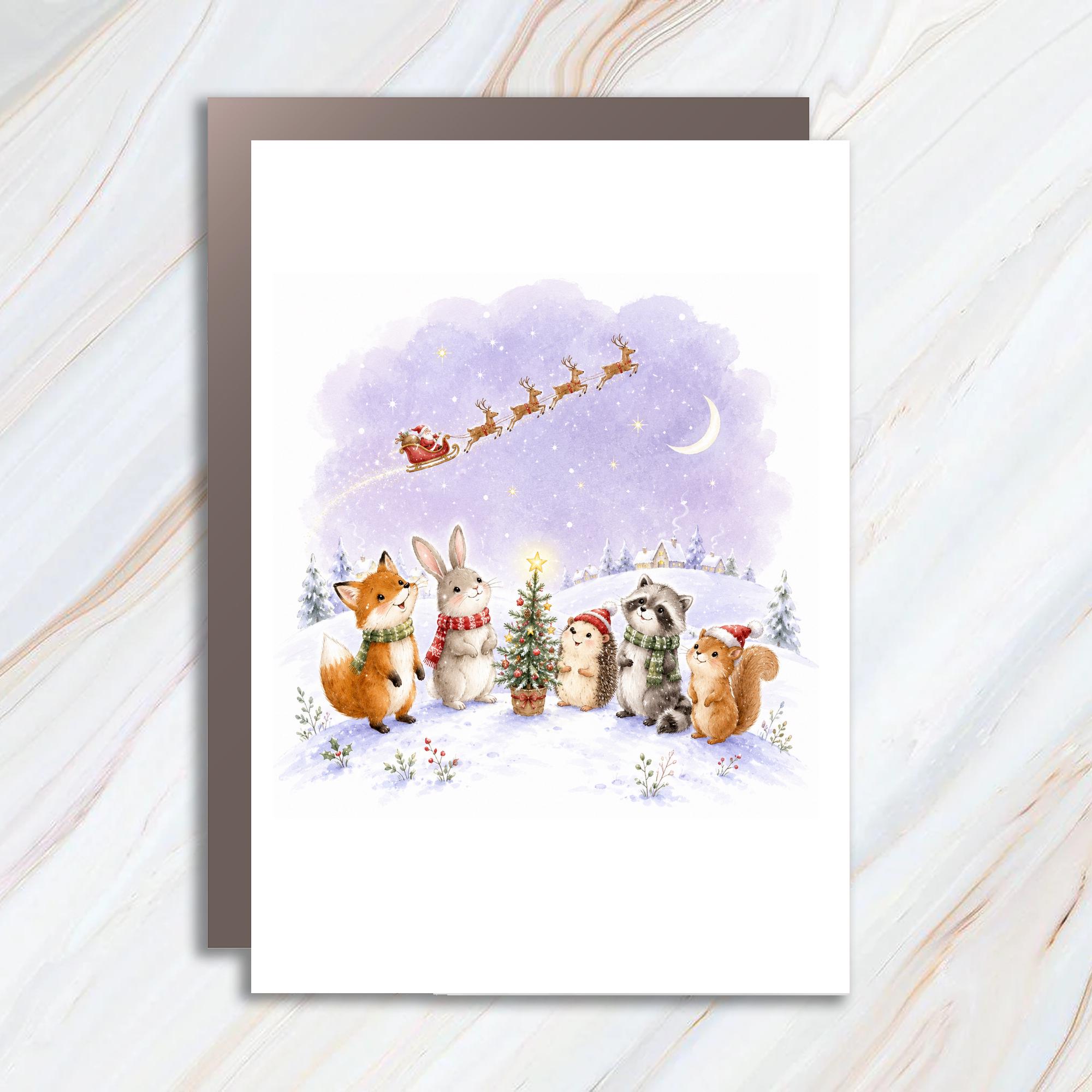 Woodland Animals Christmas Card Cute Holiday Greeting Card Santa Sleigh Winter Scene For Kids Family Animal Lover C999
