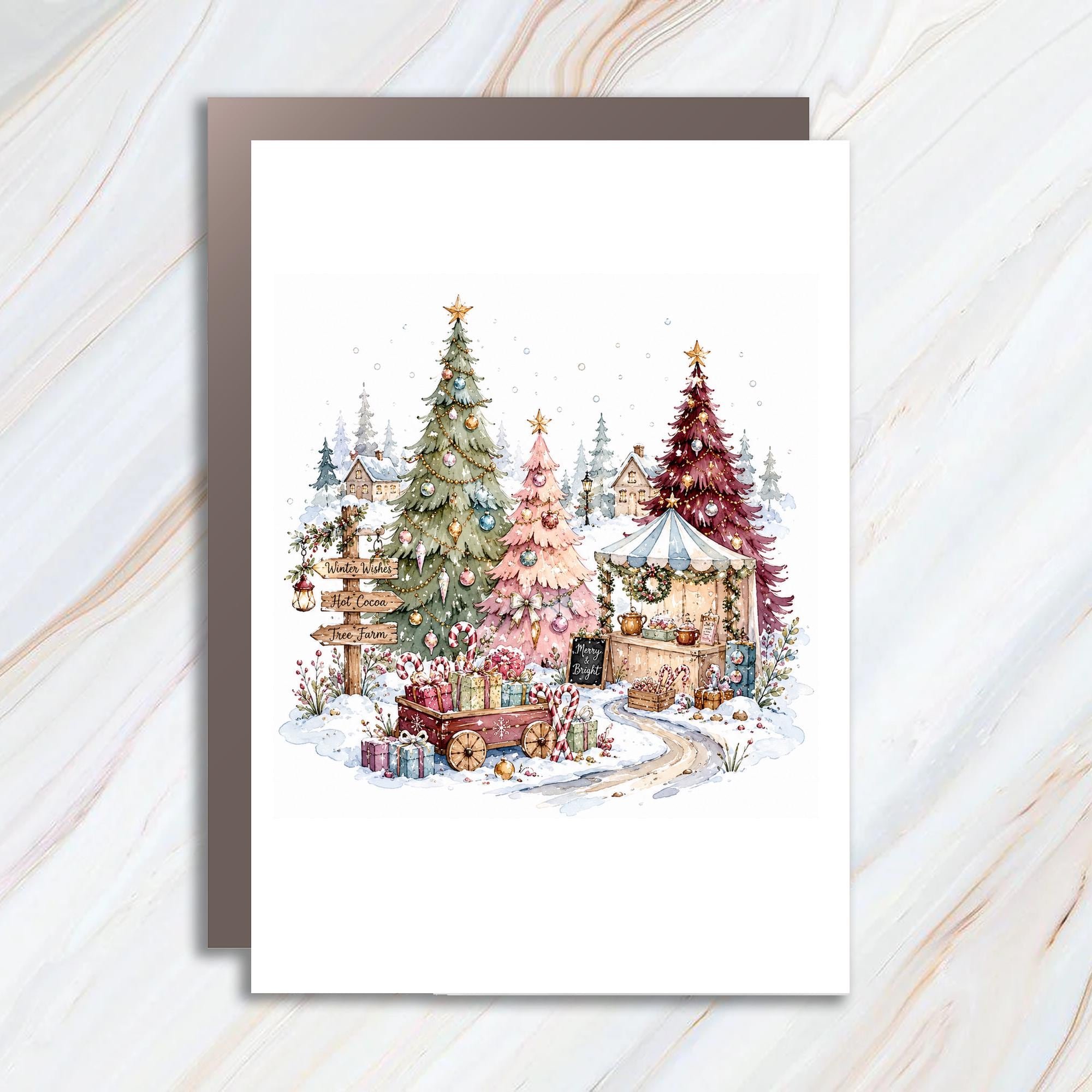 Winter Wishes Hot Cocoa Tree Farm Merry & Bright Christmas Card Festive Holiday Greeting Card Winter Scene For Family C995