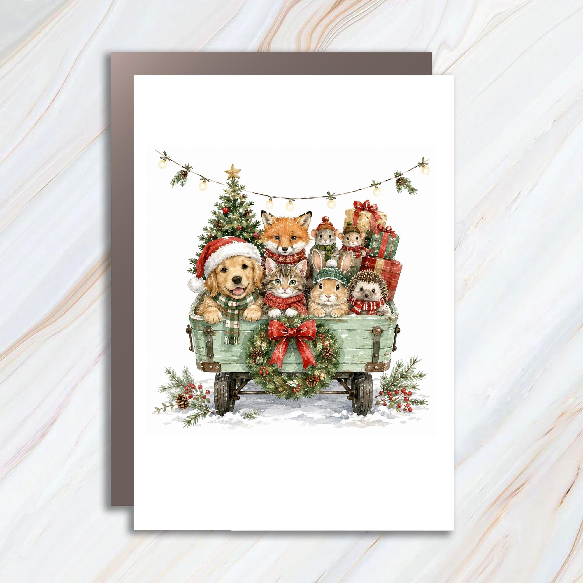 Cute Animal Christmas Card Festive Holiday Greeting Card For Animal Lover Dog Cat Bunny Fox Hedgehog Winter Scene C998