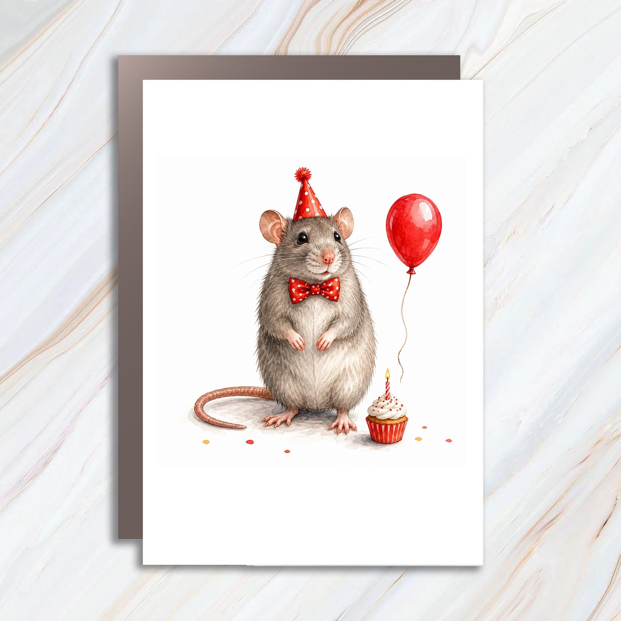 Cute Mouse Birthday Card Animal Lover Greeting Card Party Hat Balloon Cupcake Illustration For Kids Fun Celebration C1007