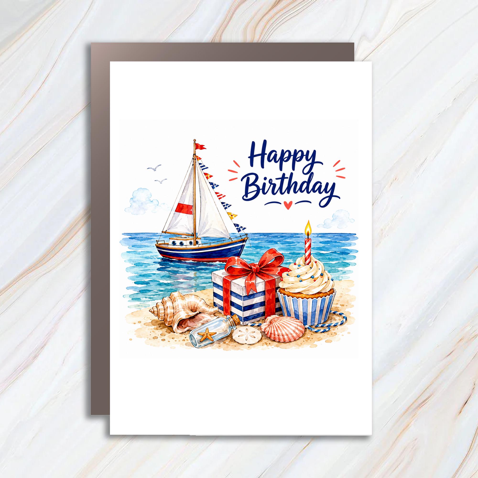 Happy Birthday Nautical Theme Birthday Card Beach Sailboat For Him Her Ocean Lover Celebration Card C1008