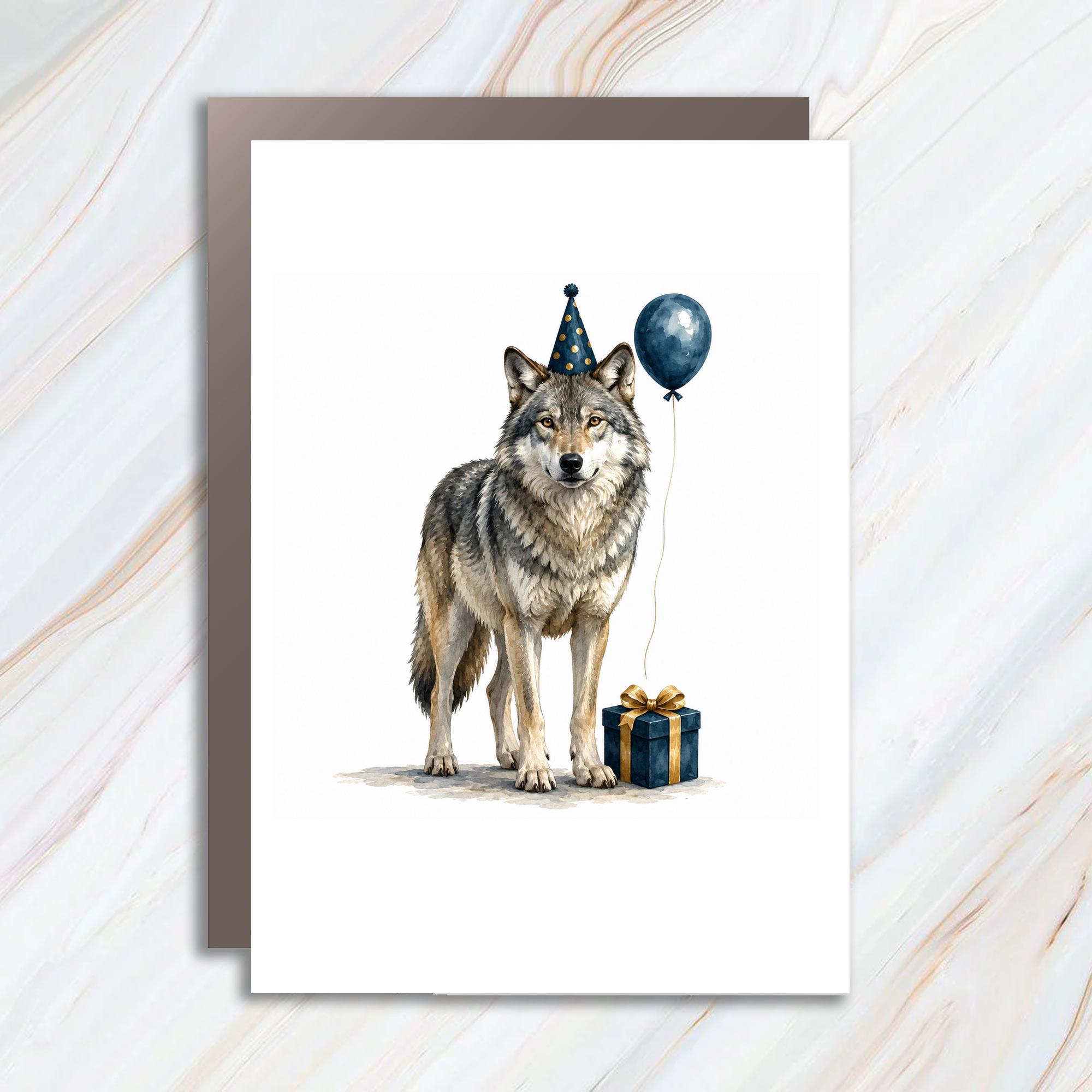 Wolf Birthday Card Cute Animal Greeting Card Party Hat Gift Balloon For Wildlife Lover Fun Celebration Card C1006