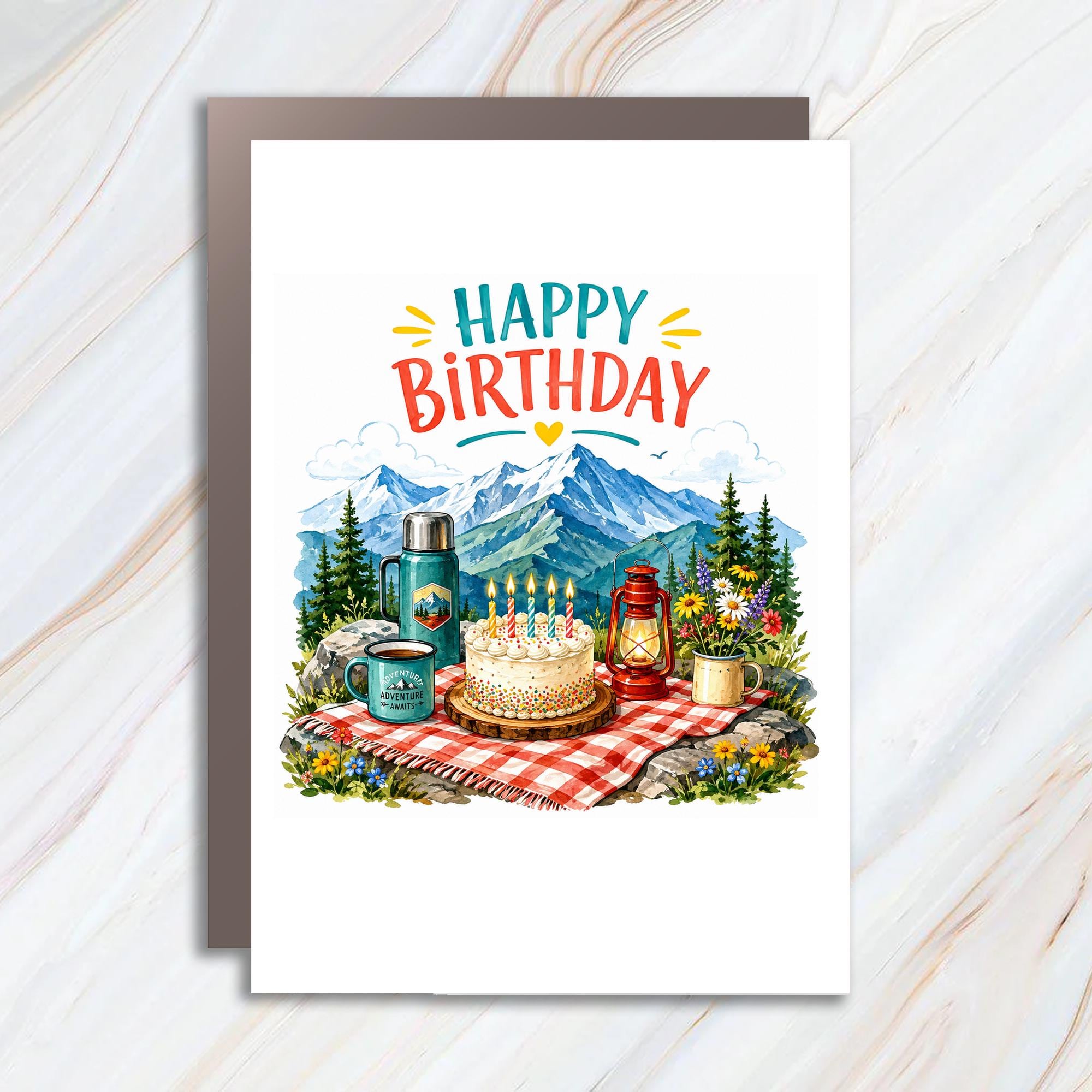 Happy Birthday Mountain Picnic Birthday Card Adventure Theme Nature Lover Camping Scenic Cake Lantern C1009