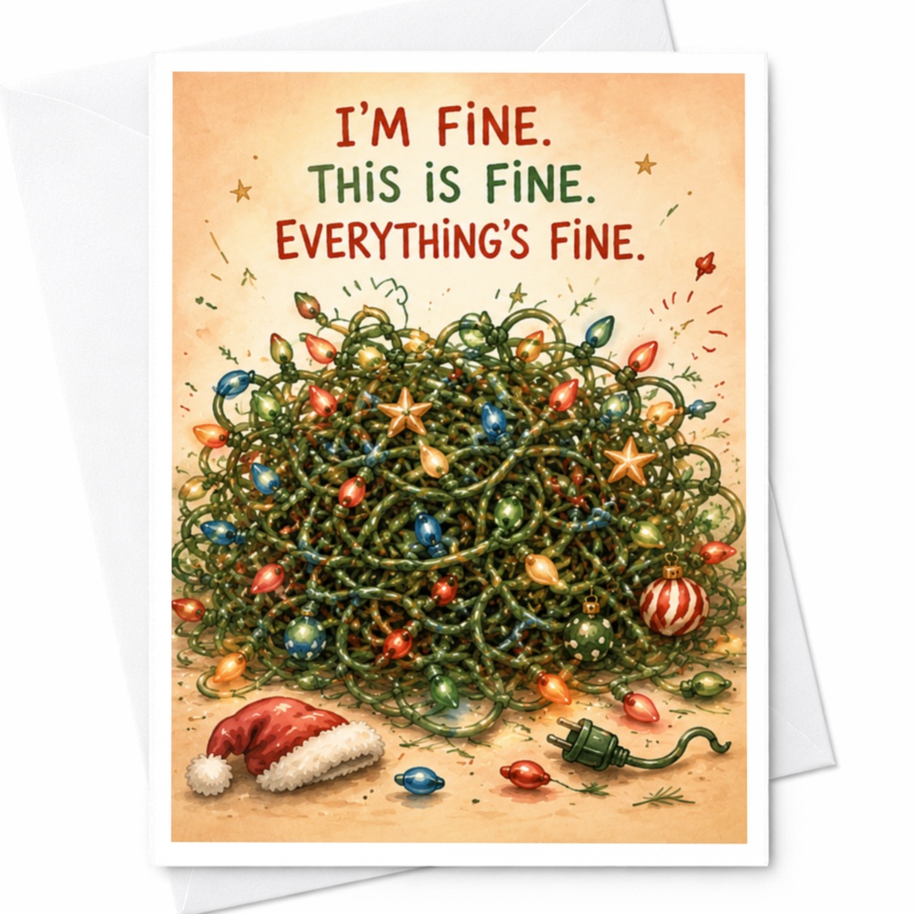I'm Fine. This Is Fine. Everything's Fine. Funny Christmas Card Tangled Lights Holiday Greeting Card For Friend C4527