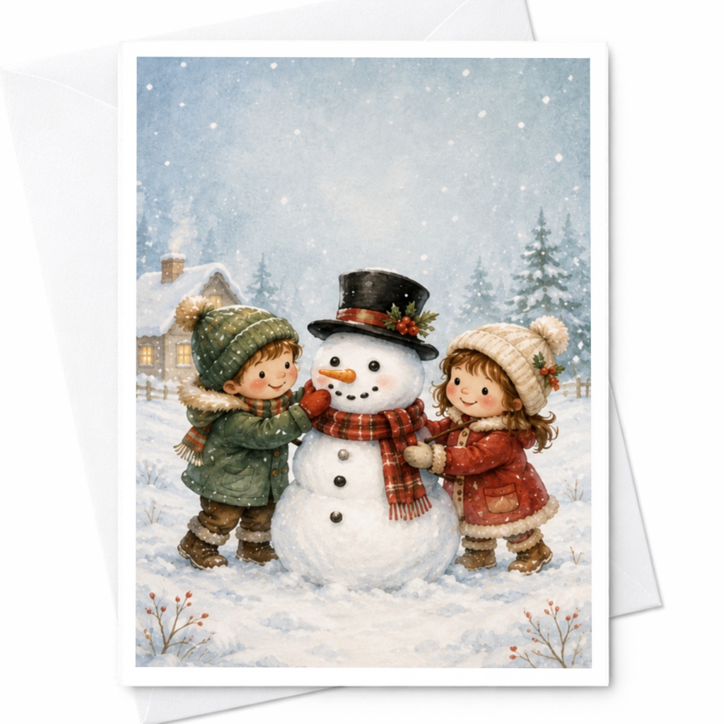 Children Building Snowman Christmas Card Cute Winter Scene Holiday Greeting Card For Kids Family Festive Illustration C4528