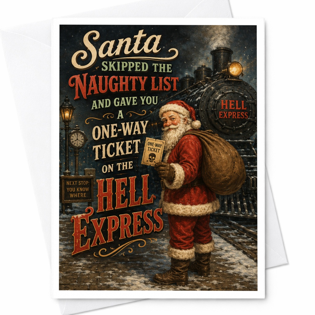 Santa Skipped The Naughty List Funny Christmas Card One-Way Ticket Hell Express Holiday Greeting Card For Friends C4530