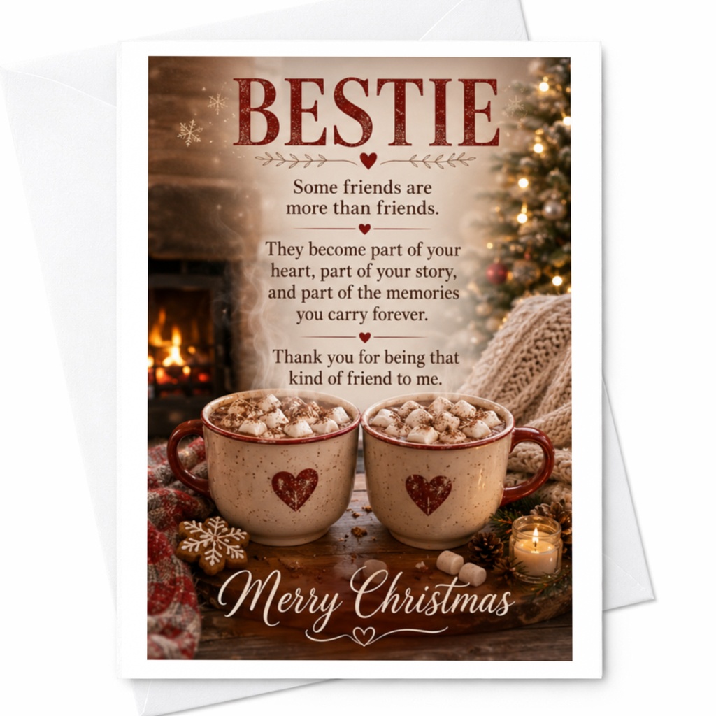Bestie Merry Christmas Card For Friend Heartfelt Holiday Greeting Card Cozy Winter Scene Friendship Card C4532