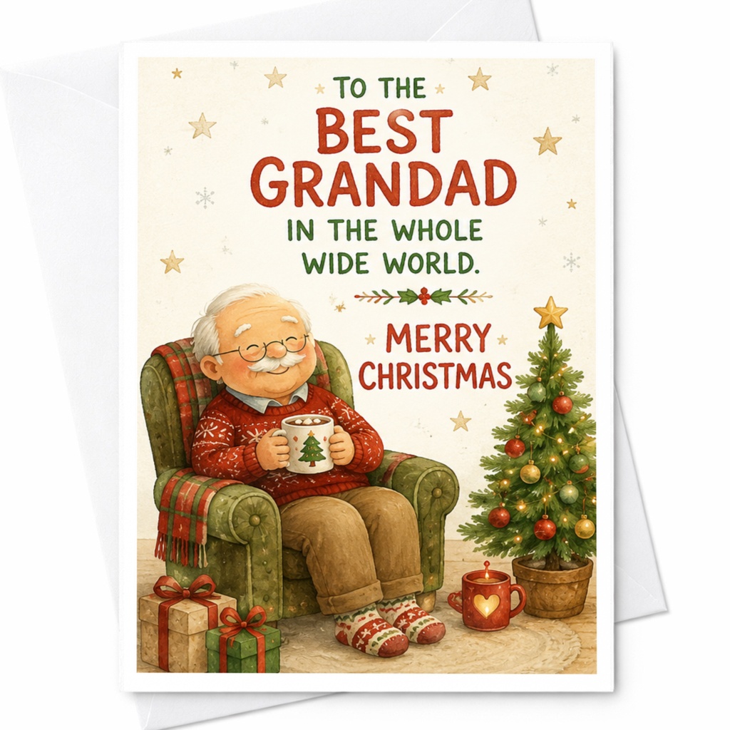 To The Best Grandad In The Whole Wide World. Merry Christmas Card For Grandfather Holiday Greeting Cute Festive C4534