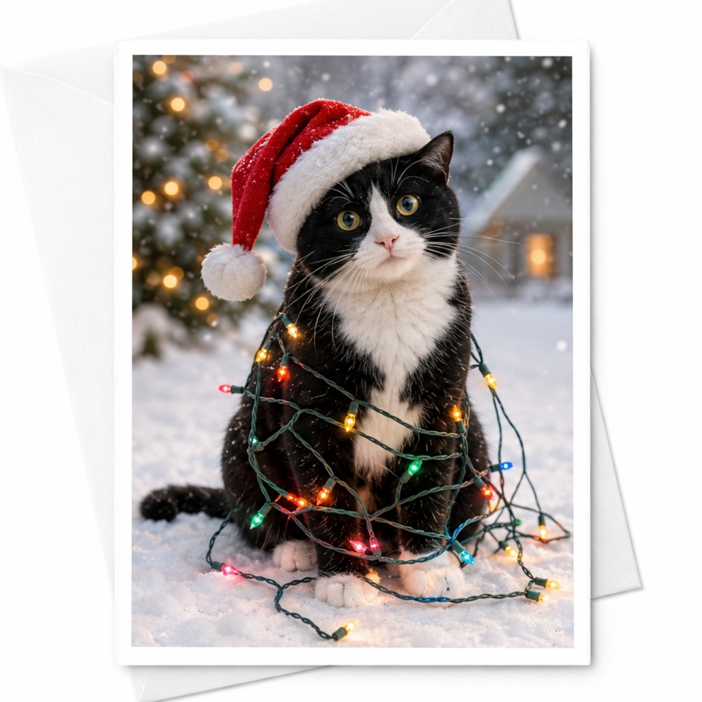 Cat Christmas Card Cute Holiday Greeting Card With Santa Hat And Lights For Cat Lovers Festive Winter Scene C4538