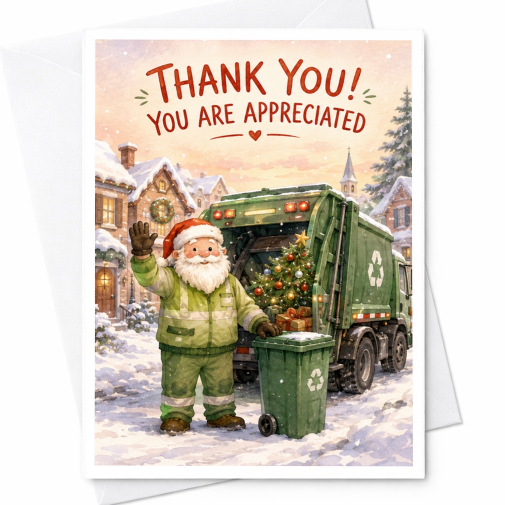 Thank You! You Are Appreciated Christmas Card Santa Recycling Truck Holiday Greeting Card Eco Friendly Appreciation C4541