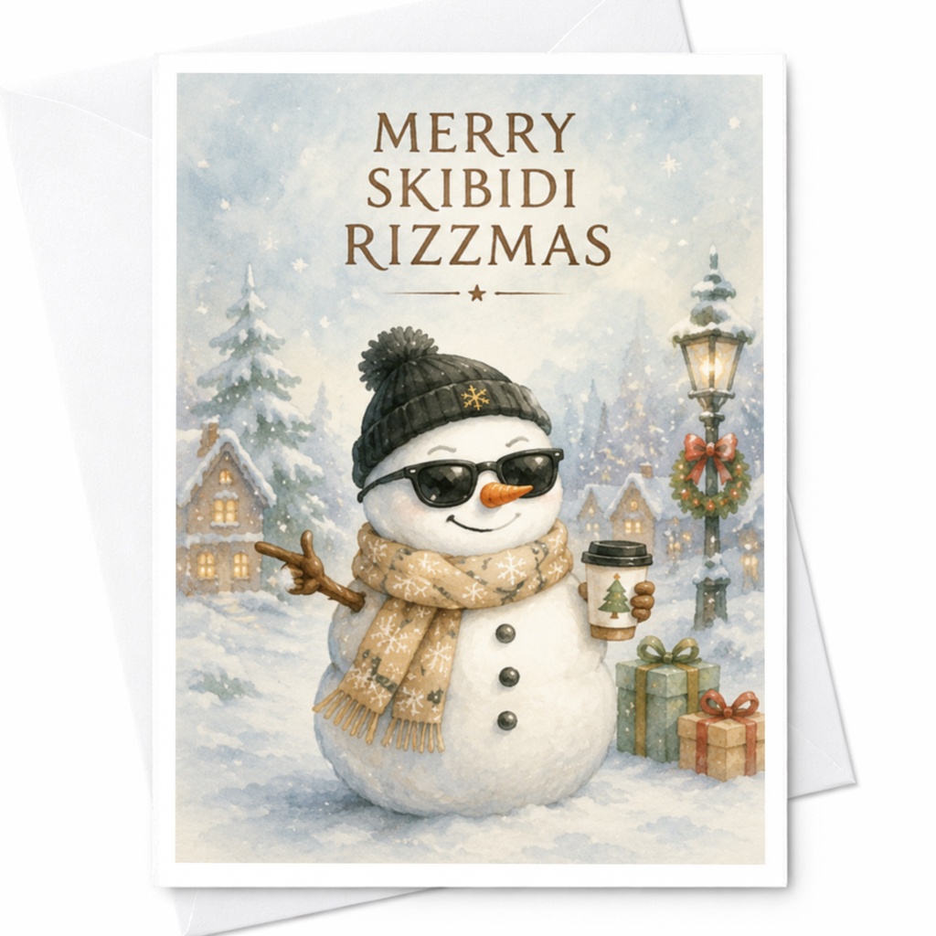 Merry Skibidi Rizzmas Funny Christmas Card Snowman With Sunglasses Holiday Greeting Card For Friends Family Cute Winter Scene C4543