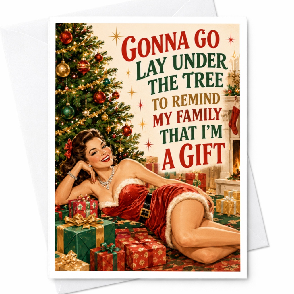 Gonna Go Lay Under The Tree To Remind My Family That I'm A Gift Funny Christmas Card Retro Pin-Up Style Holiday Greeting Card C4544