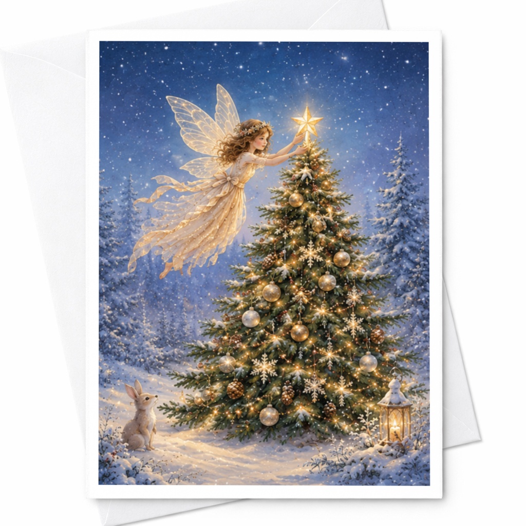 Fairy Decorating Christmas Tree Card Magical Holiday Greeting Card Winter Wonderland Art For Her Christmas Card C4548
