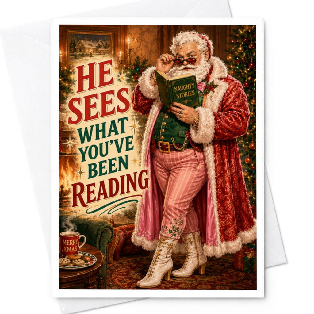 He Sees What You've Been Reading Funny Christmas Card Santa Naughty Stories Holiday Festive Greeting Card For Friends Family C4556