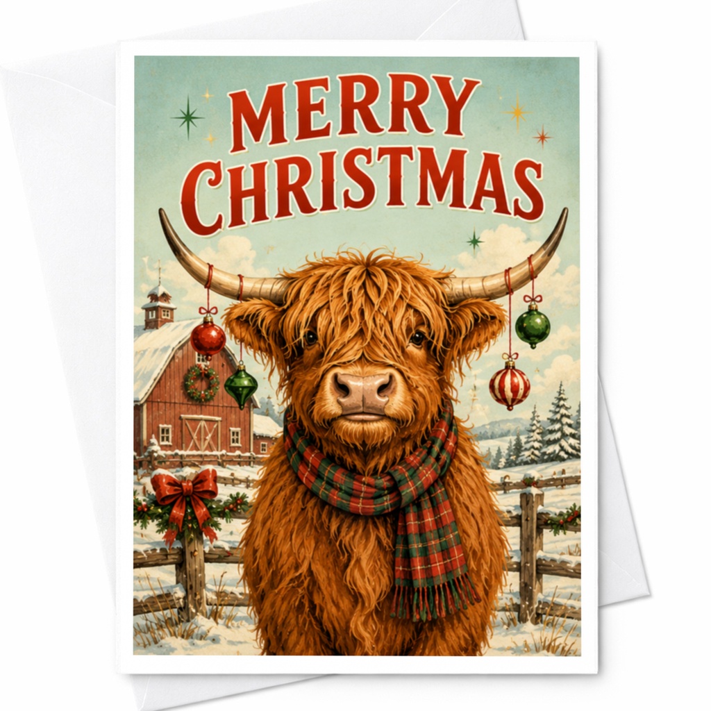 Merry Christmas Highland Cow Christmas Card Funny Animal Holiday Greeting Card For Family Friends Cute Festive Card C4558