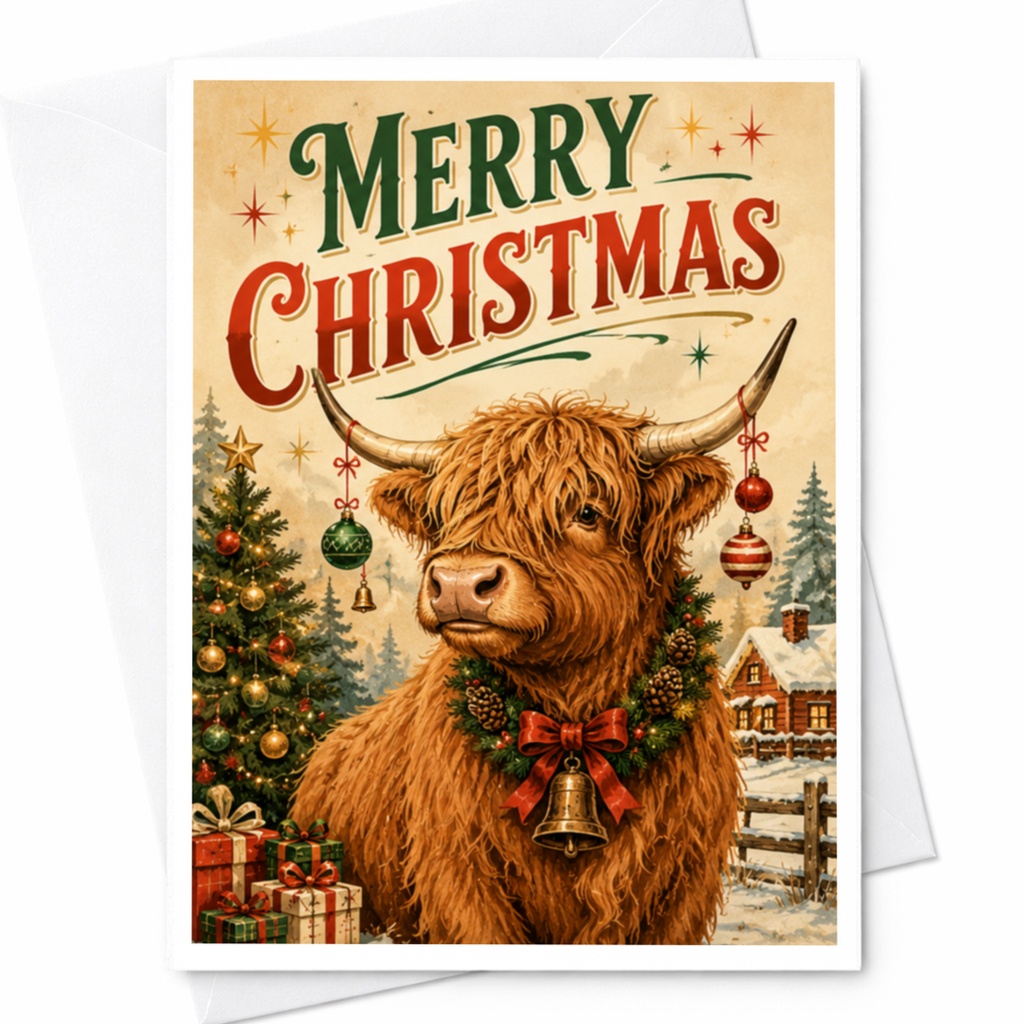 Merry Christmas Highland Cow Card Festive Holiday Greeting Card Cute Animal Christmas Card For Family Friends C4559
