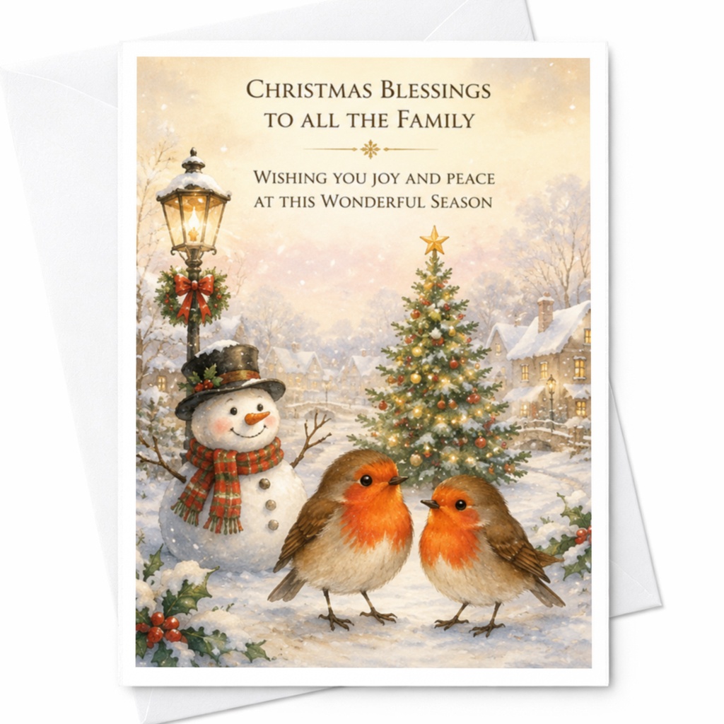 Christmas Blessings To All The Family Christmas Card Joy And Peace Holiday Greeting Card Snowman Robins Family Xmas Card C4562