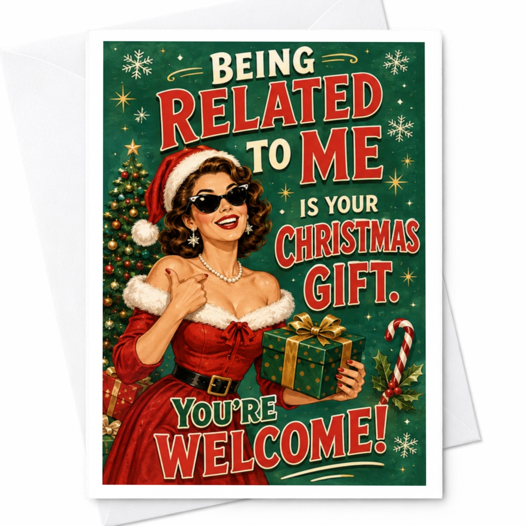 Being Related To Me Is Your Christmas Gift. You're Welcome! Funny Christmas Card Retro Holiday For Family C4566