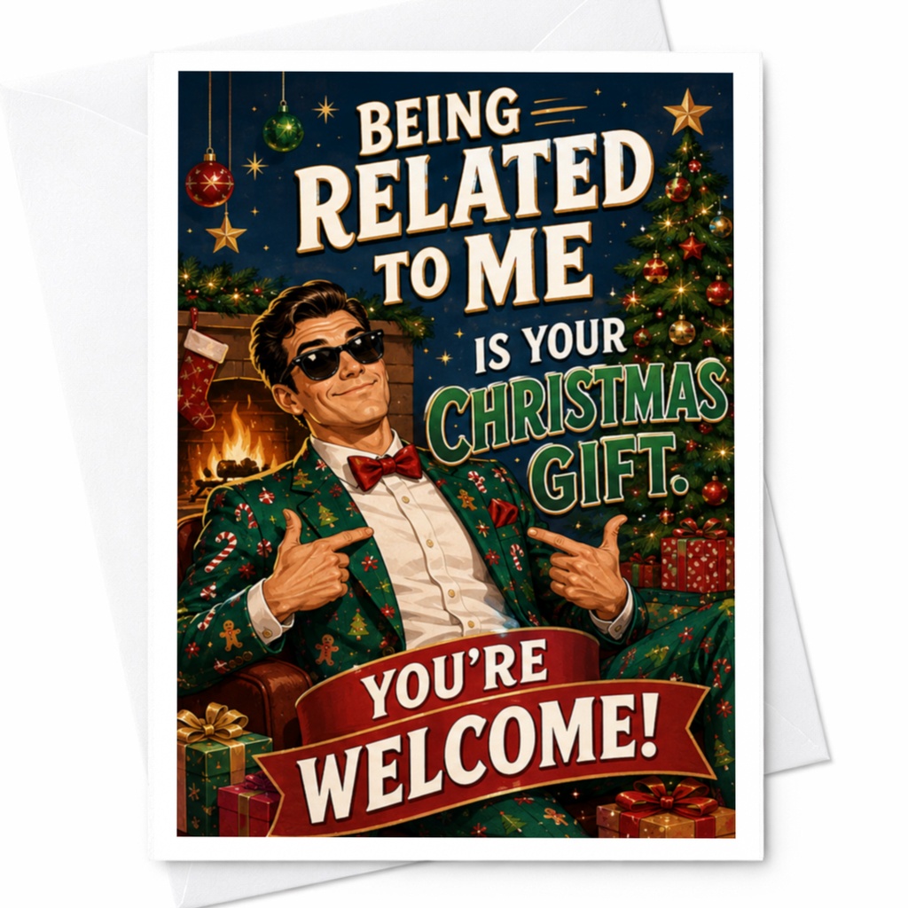 Being Related To Me Is Your Christmas Gift. You're Welcome! Funny Christmas Card Retro Holiday For Family C4567